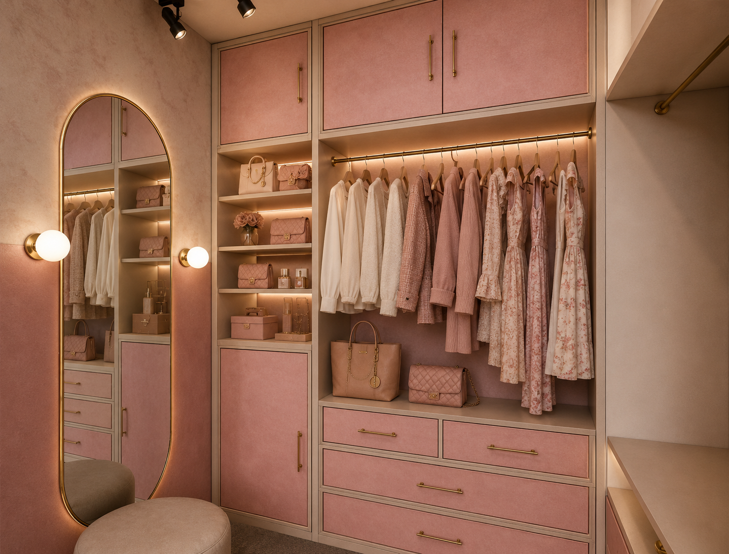 Girl's dressing room in blush suede joinery with brass pulls, an LED-lit hanging rail of cream and pink clothing, lit shelving of handbags and perfumes, and a tall brass oval mirror with globe sconces above a boucle stool