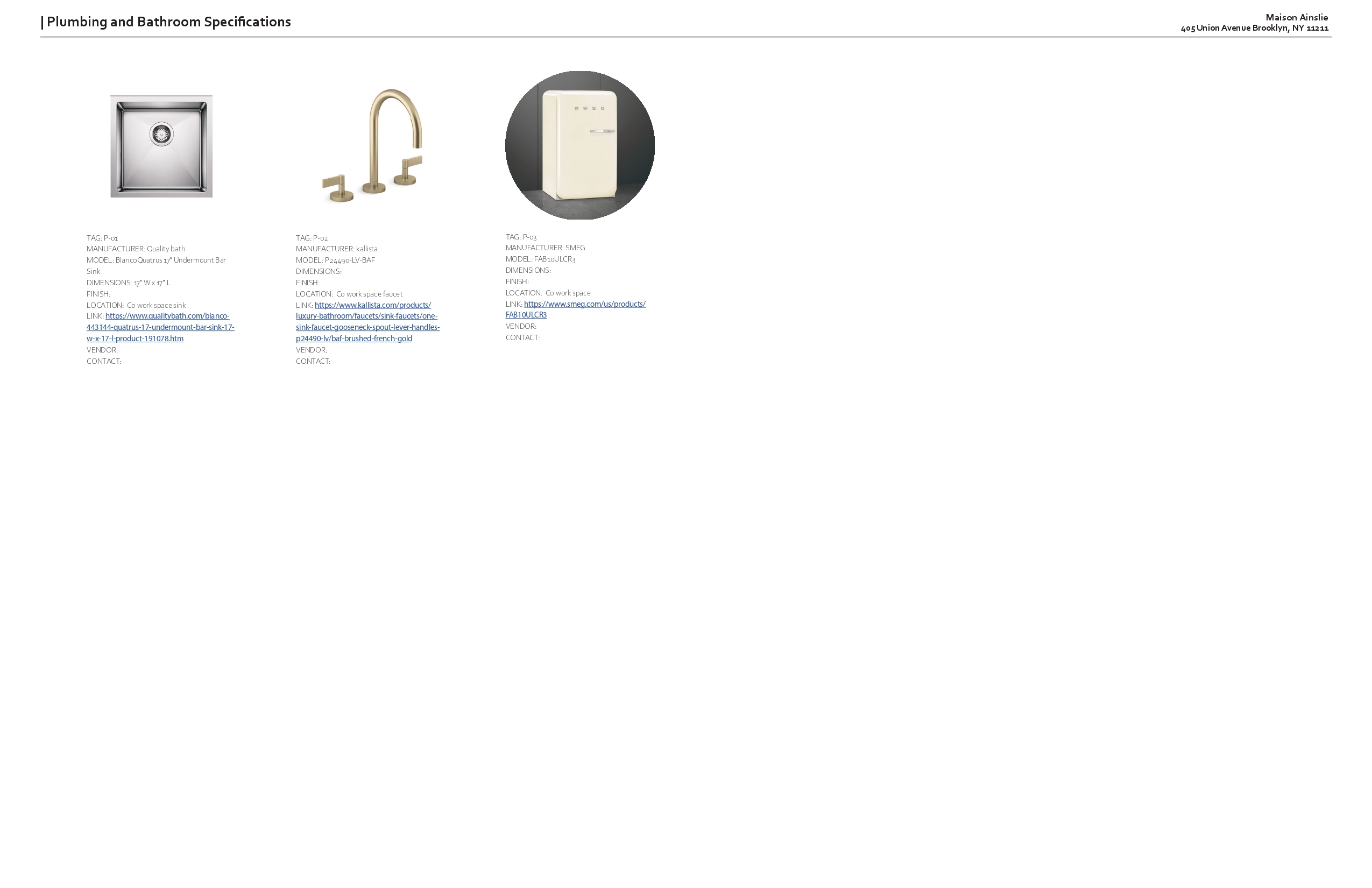Plumbing and bathroom specifications sheet showing a stainless undermount bar sink, a brushed gold gooseneck faucet and a cream retro refrigerator, each tagged with manufacturer and location