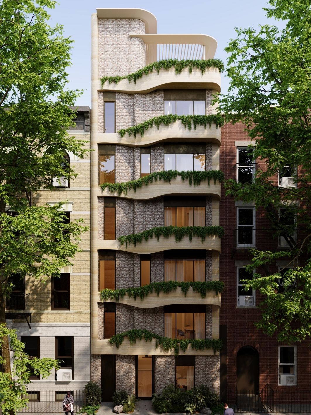 Daytime street elevation of the Brooklyn building — a curved cast-stone and brick façade with cascading planted balconies between neighbouring townhouses