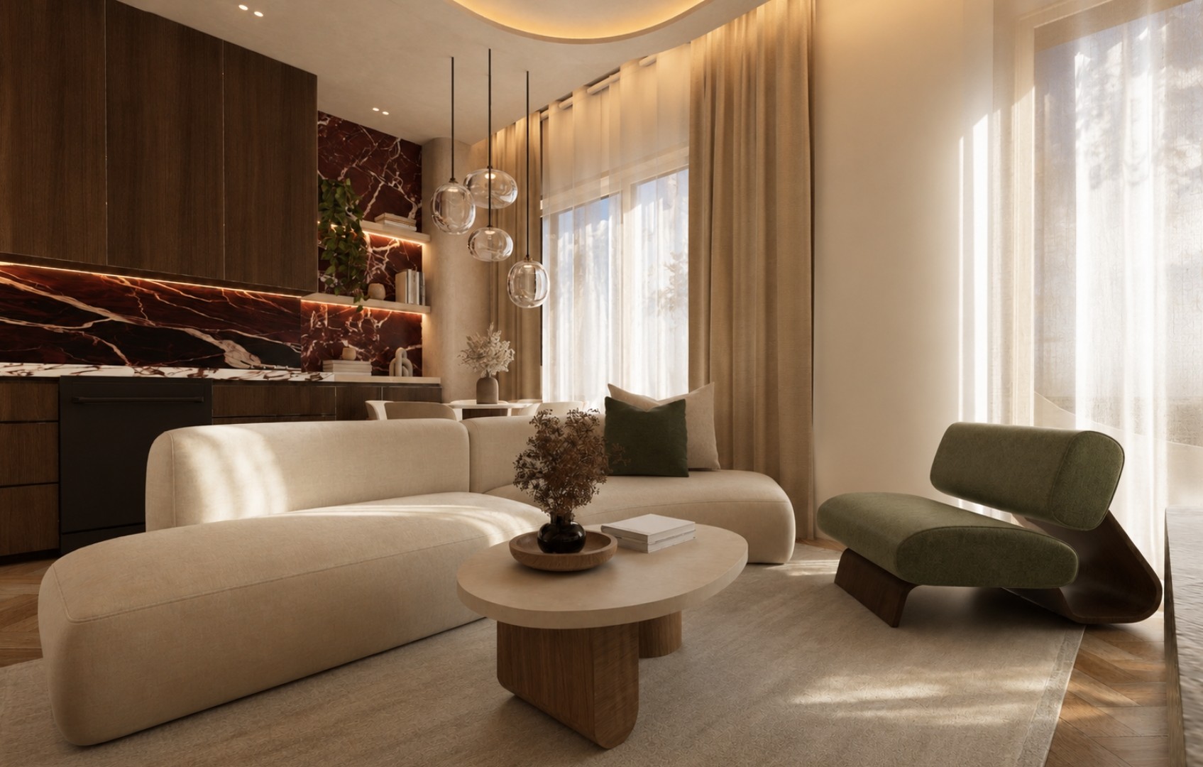 Open living and kitchen space with curved ivory sofas, an olive lounge chair, round oak coffee table and the walnut kitchen with lit oxblood marble splashback and glass globe pendants beyond
