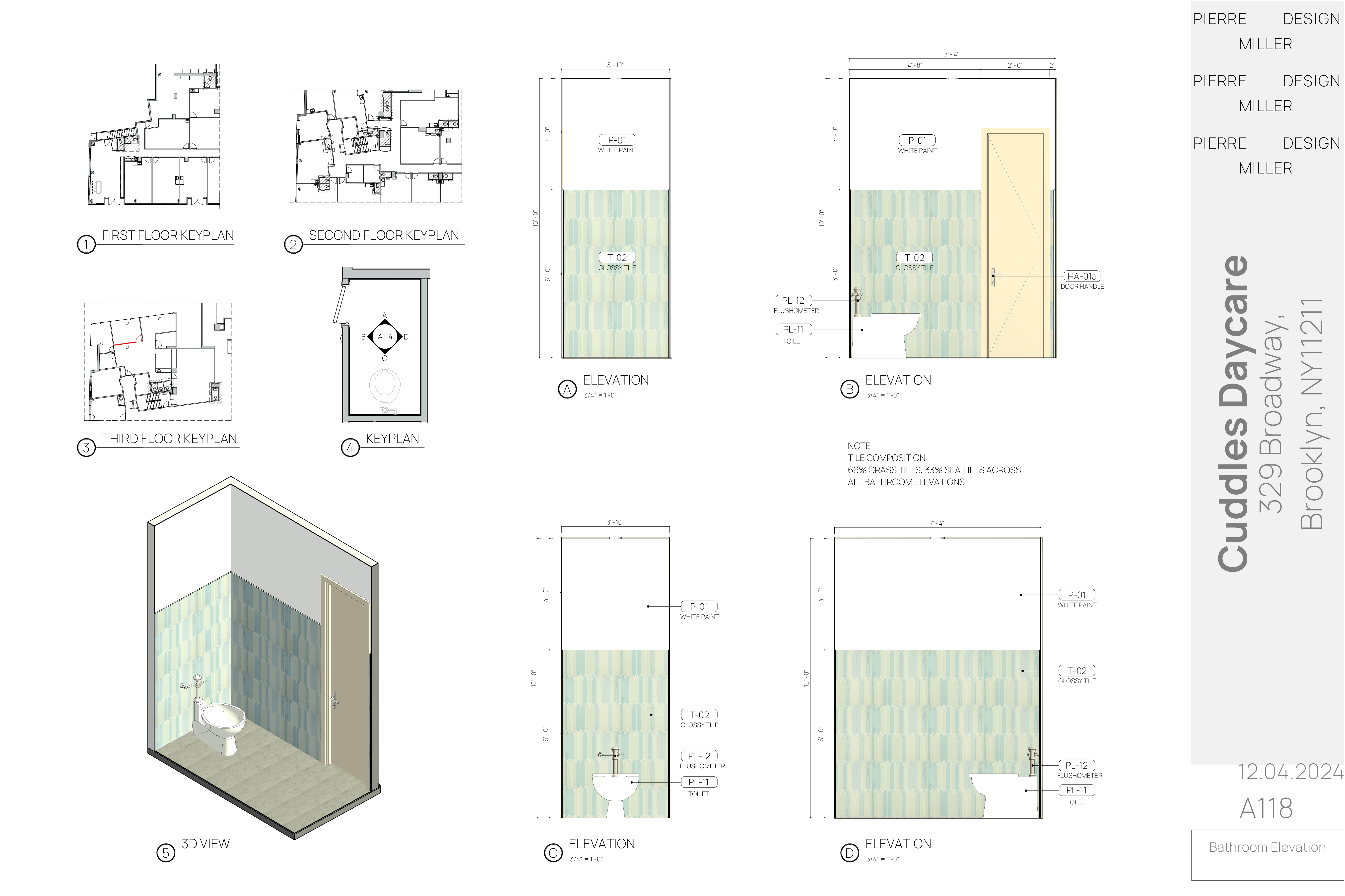 Drawing A118 — bathroom elevations with three floor keyplans, room keyplan, 3D view and four dimensioned elevations noting glossy tile to dado height, white paint above, toilet and flushometer