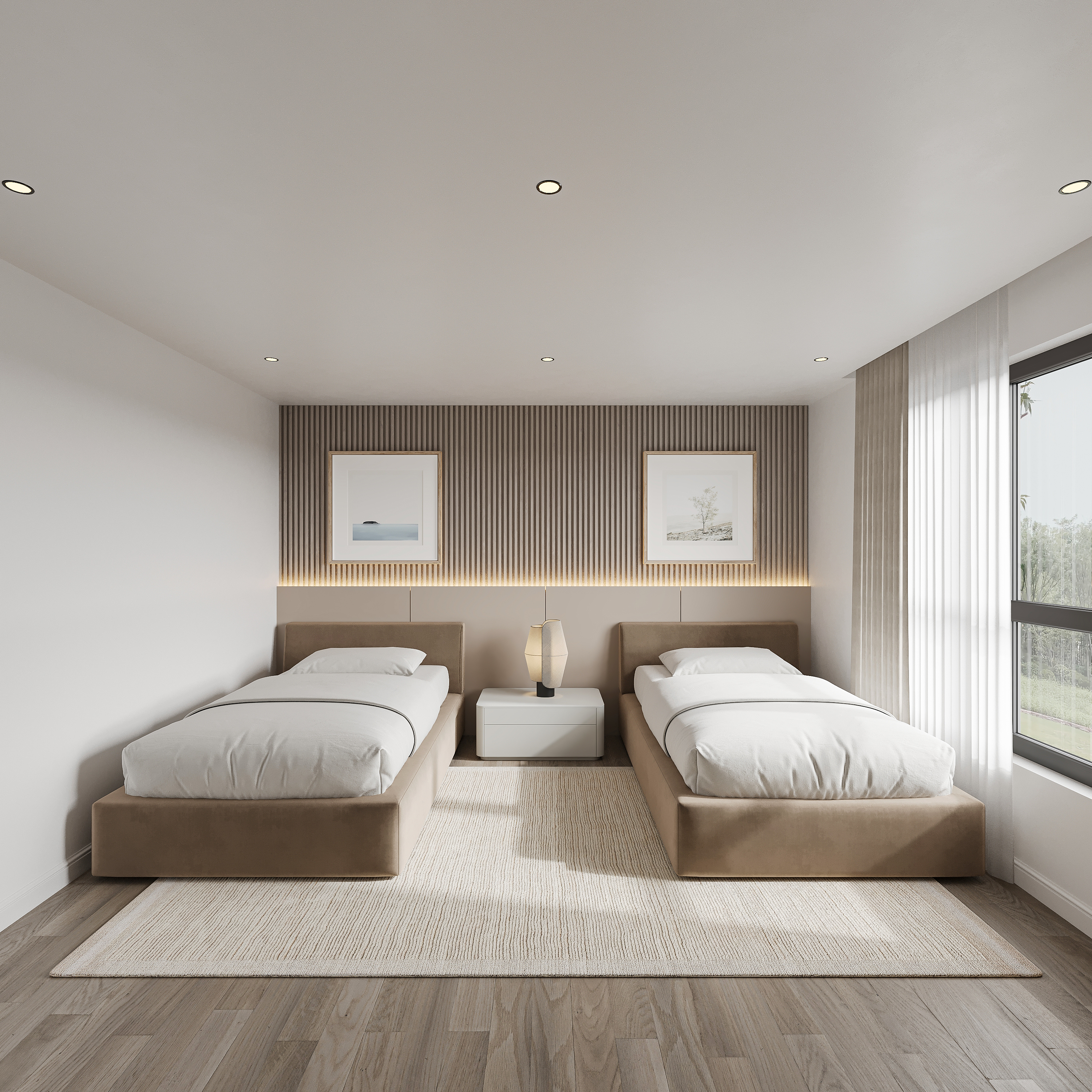 Twin bedroom with a reeded timber feature wall and concealed light strip, two framed landscape prints, taupe velvet beds with white bedding, a white nightstand with a sculptural lamp and a soft rug
