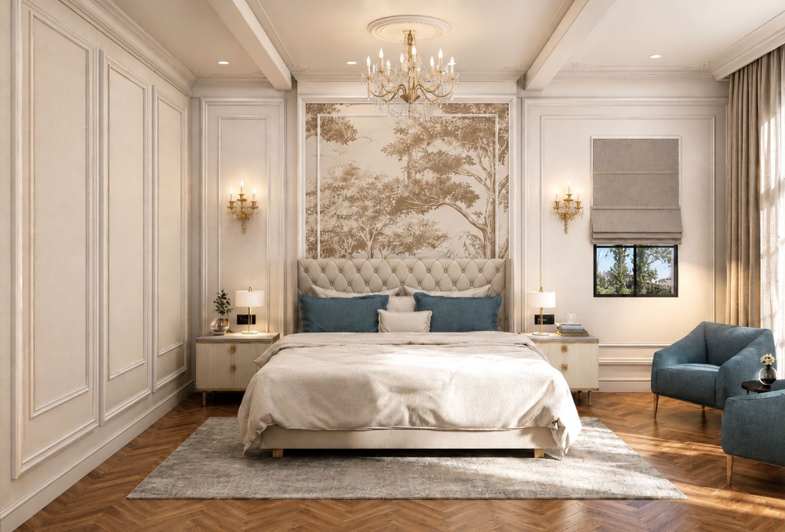 Primary bedroom with a framed sepia forest mural behind a diamond-tufted headboard, brass crystal candle chandelier and sconces, teal cushions on ivory bedding and pale nightstands with brass detailing