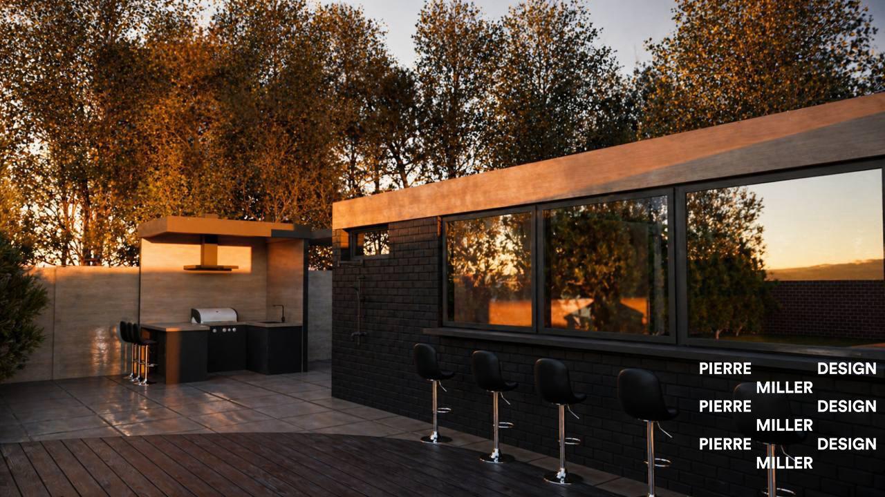 Poolside pavilion at golden hour with a covered outdoor kitchen and grill, three bar stools under a cantilevered roof, a black brick wall with full-height windows reflecting the setting sun, four black bar stools along the exterior ledge and a dark-stained wood deck in warm sunset light