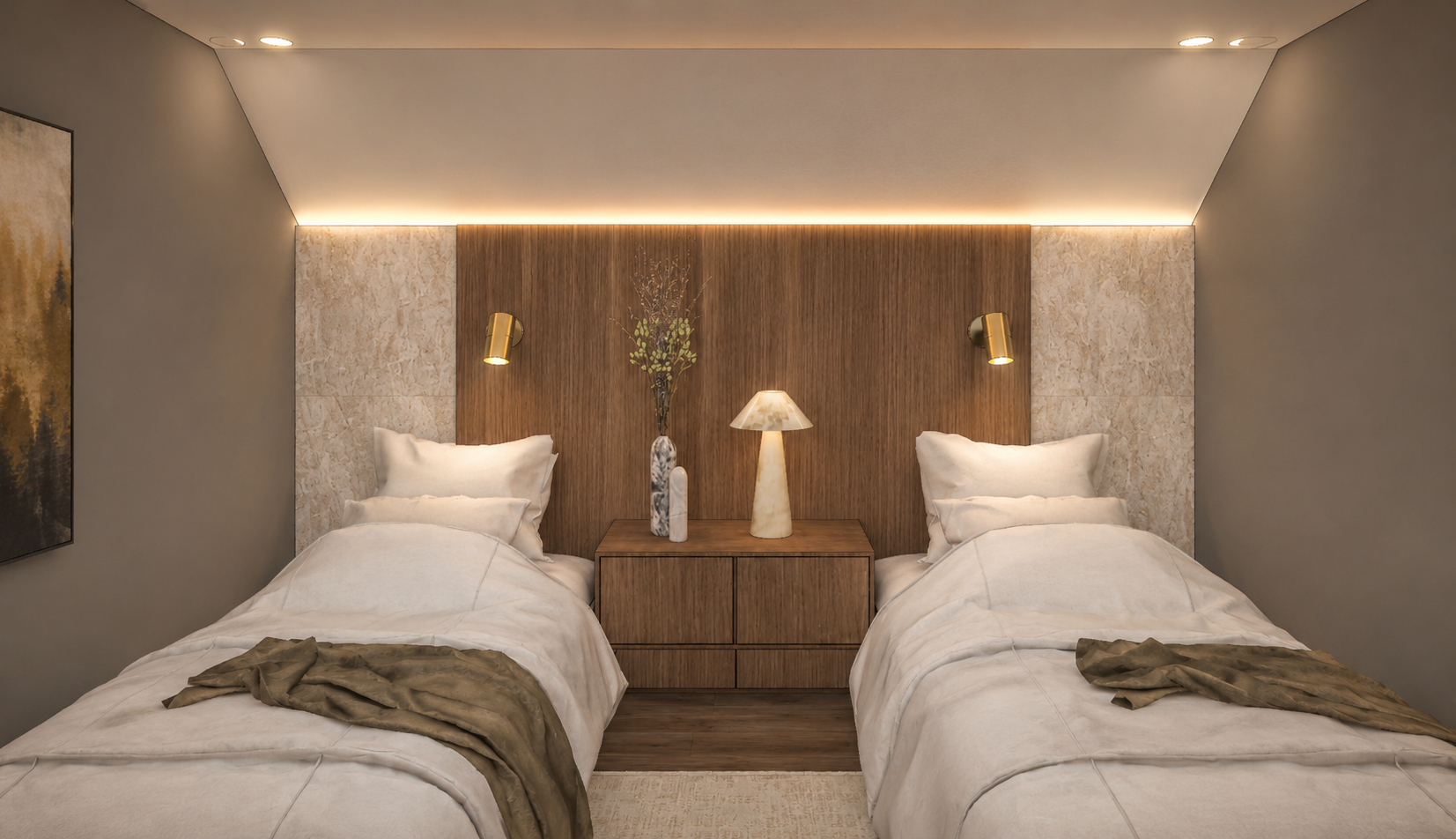 Attic twin bedroom with a reeded walnut headboard panel in stone surrounds, concealed cove lighting, brass reading lights, white linen bedding with olive throws and a shared walnut nightstand with an alabaster lamp