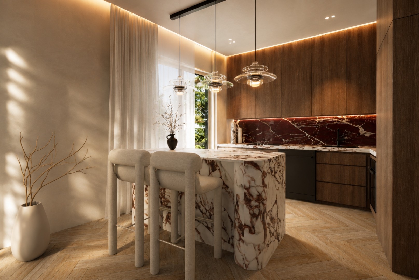 Kitchen island in violet-veined marble with paired bouclé stools, walnut upper cabinetry, lit oxblood marble splashback, black tapware and tiered glass pendants beside sheer curtains