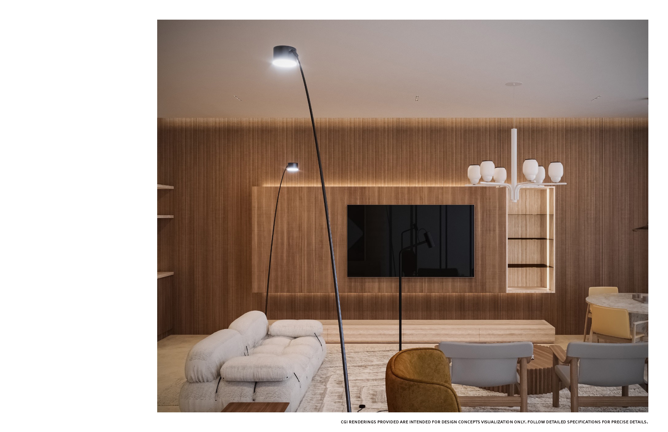 Living room media wall in ribbed walnut with a recessed screen, backlit cove and lit display niches, ivory modular sofa, tan and grey lounge chairs and a black arc floor lamp