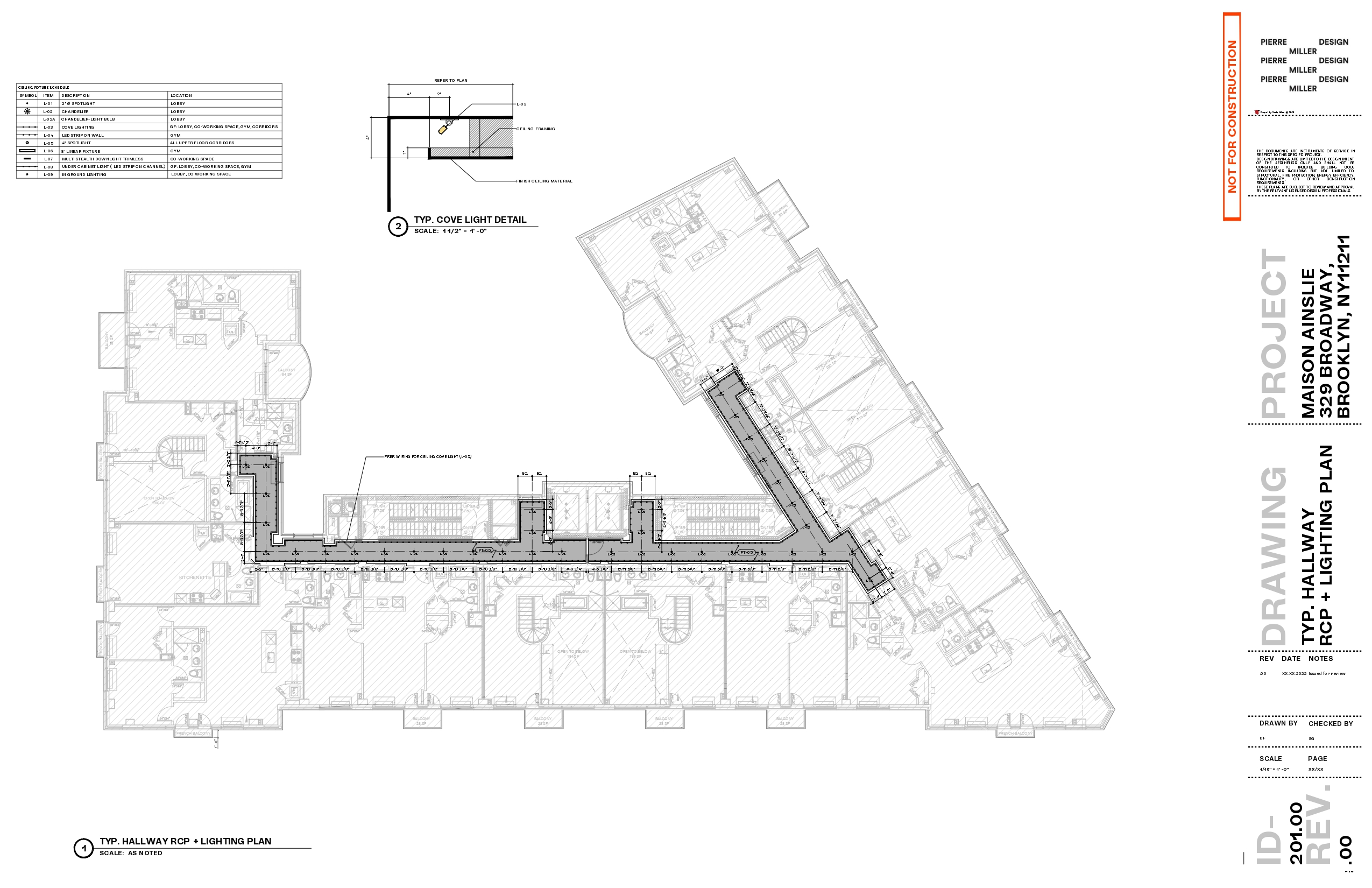 Typical hallway reflected ceiling and lighting plan for Maison Ainslie with the corridor cove lighting run, fixture schedule and cove light detail