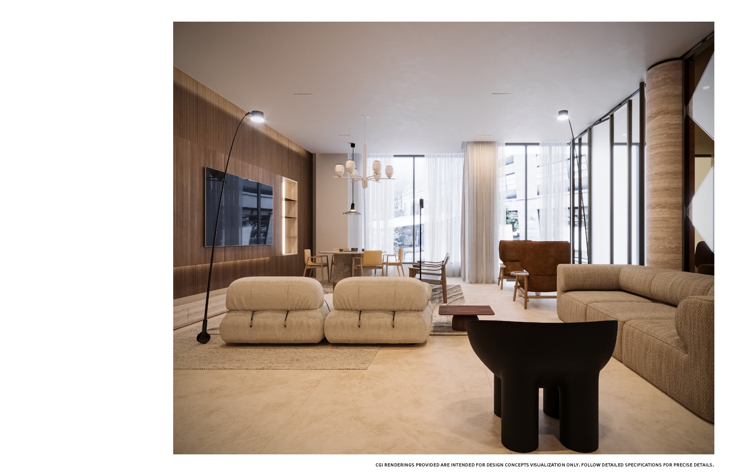 Wide living and dining room with a ribbed walnut media wall, ivory modular seating, a black sculptural table, tan sofa, arc floor lamps and a dining table beneath a white chandelier at sheer-curtained glazing