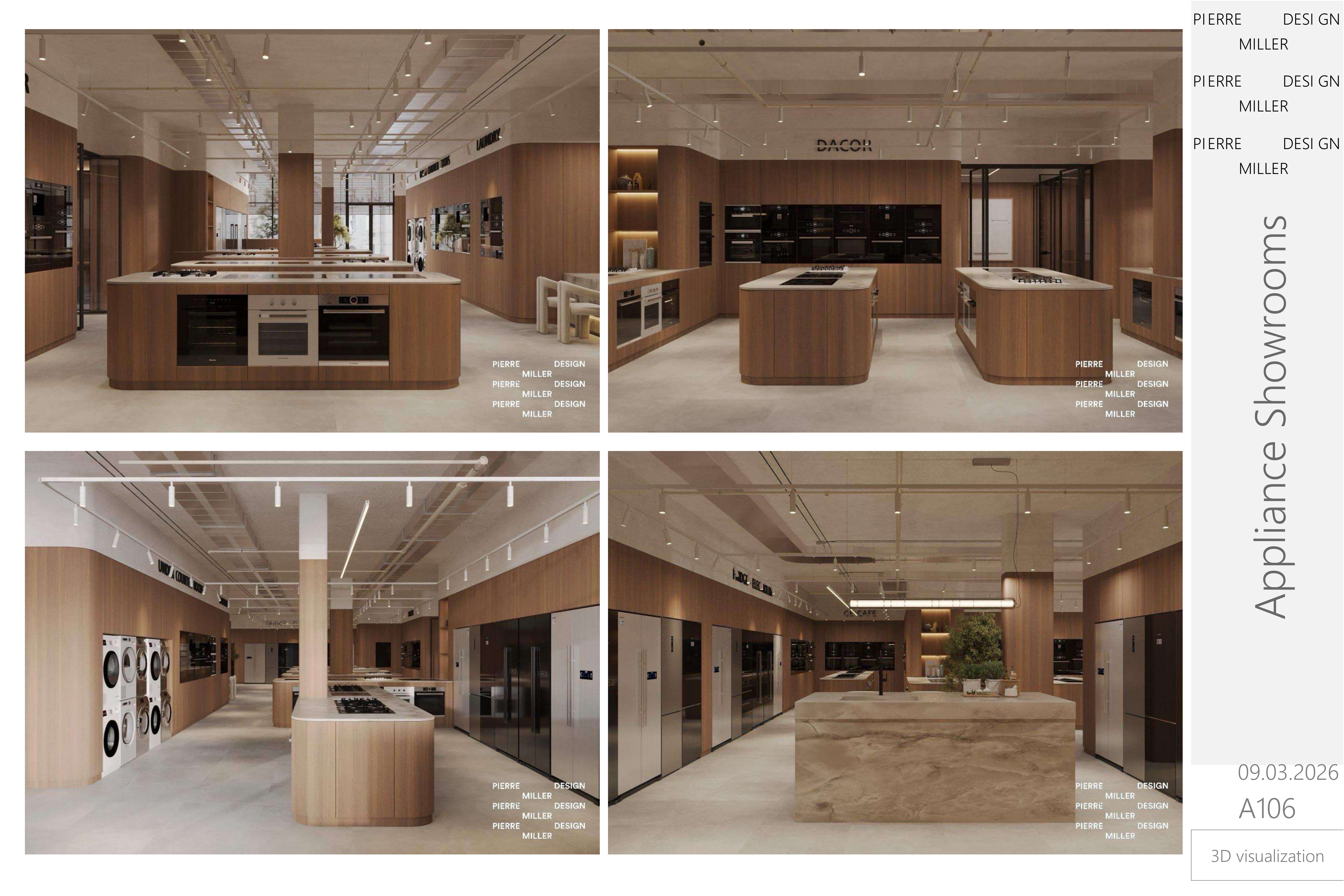 Four showroom views of oak cooking islands with integrated ovens, stacked laundry displays and a travertine island beneath linear lighting