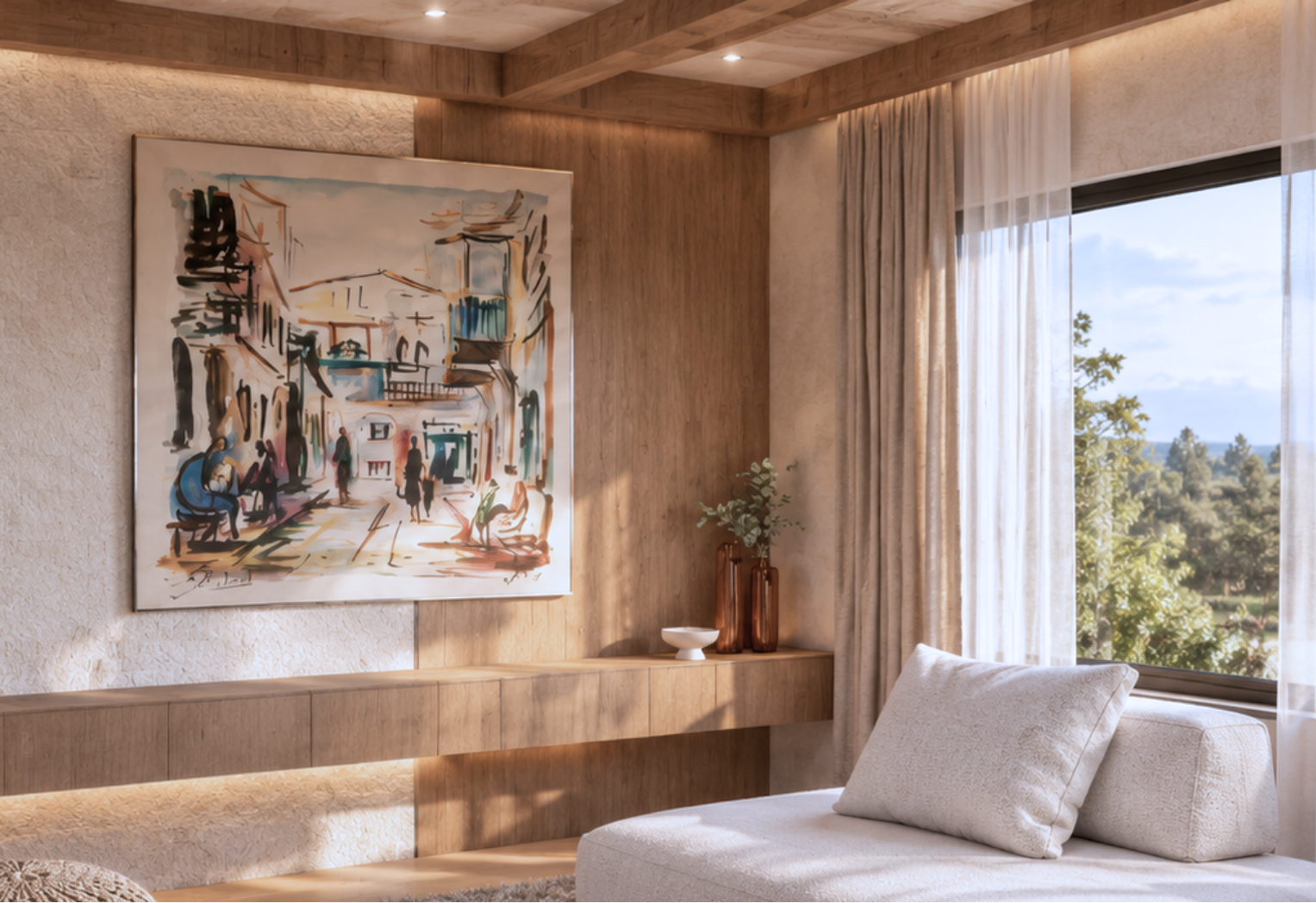 Living room corner with a large framed abstract street-scene painting on a stone wall, a floating wood console with amber glass vases, sheer beige curtains at a black-framed window and exposed wood ceiling beams