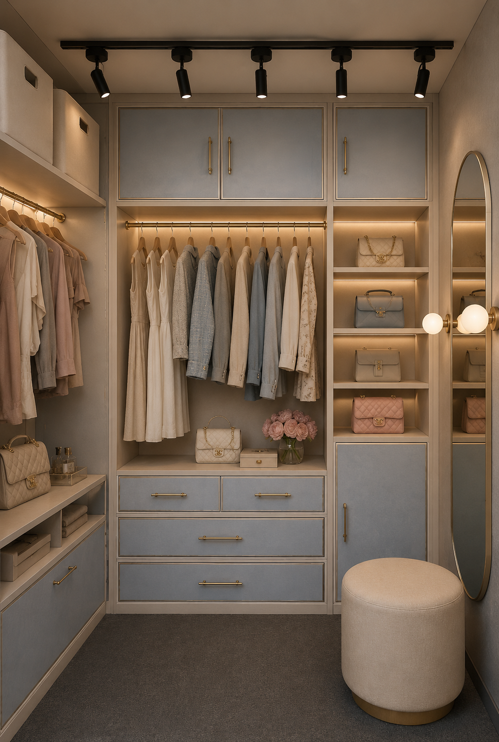 Dressing room with powder-blue and cream joinery, brass handles, LED-lit rails and display niches, black track spotlights, a tall oval mirror with globe sconce and a round boucle stool