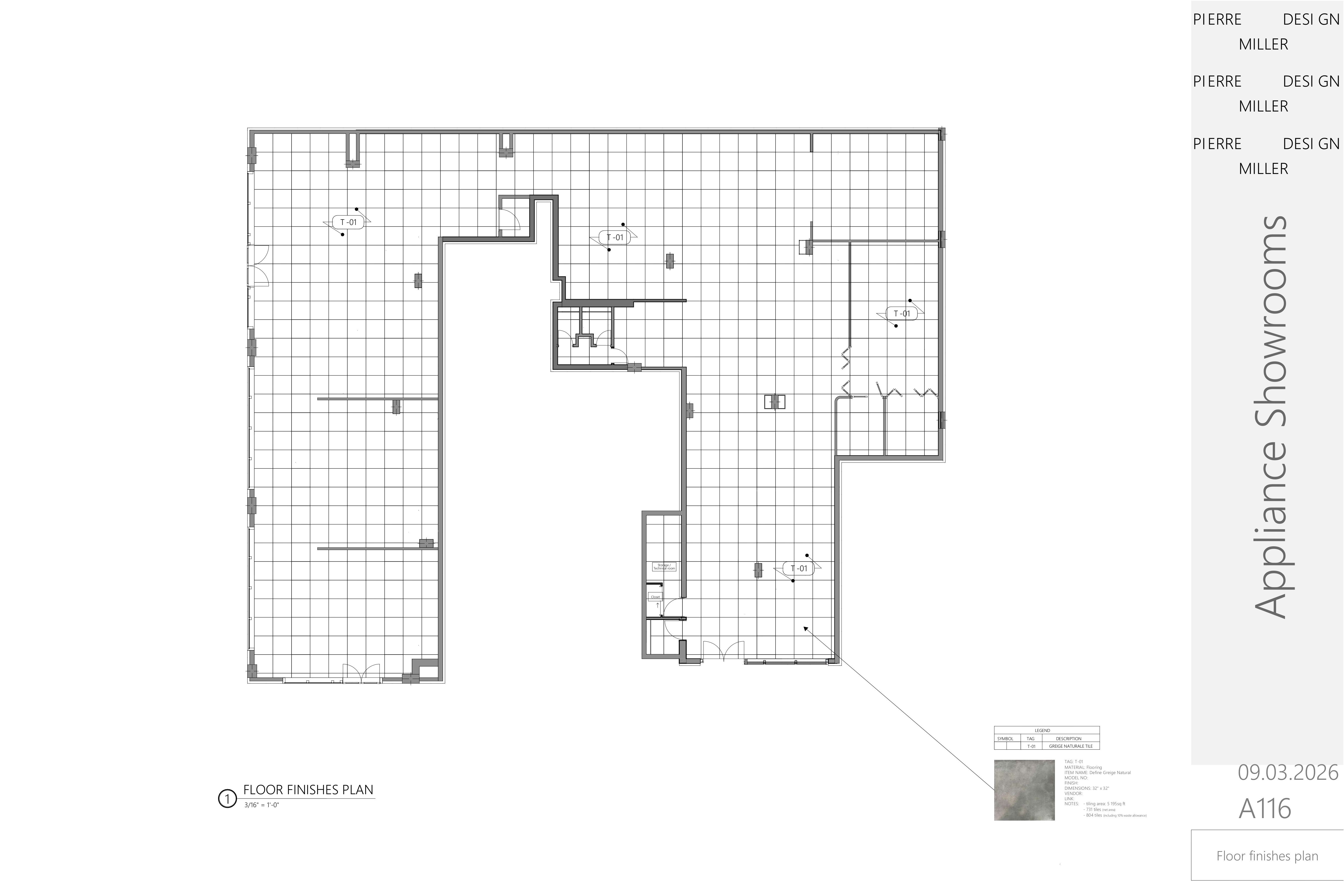 Floor finishes plan of the showroom with a tile grid setting-out across all zones and a stone tile sample callout with specification notes