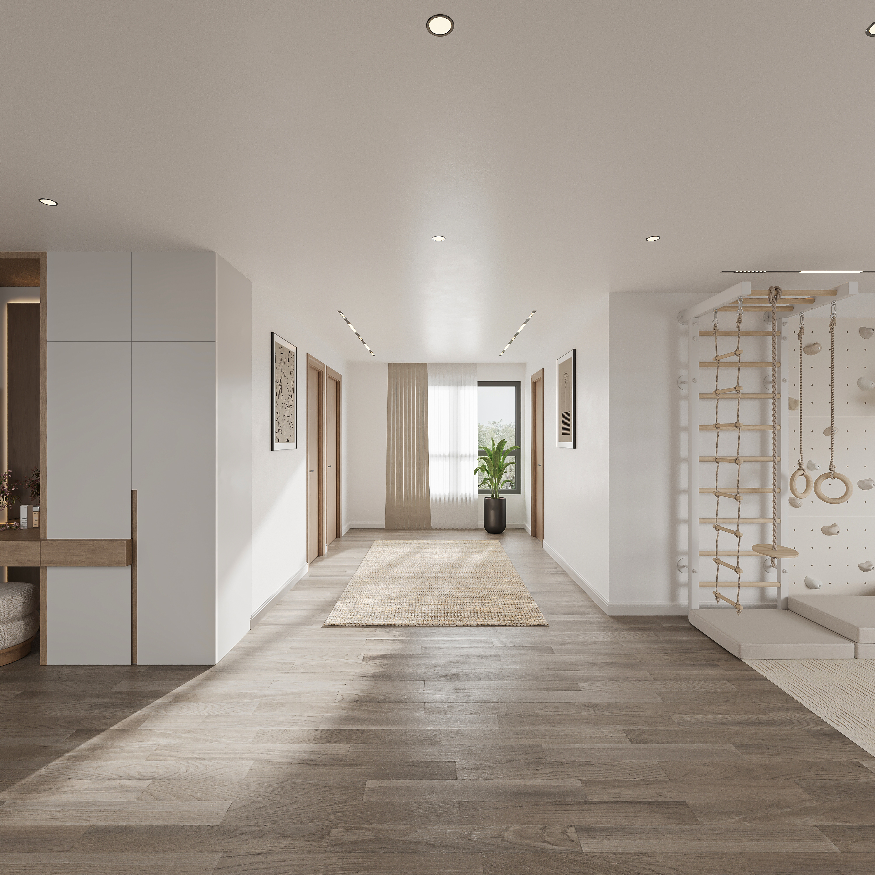 Long corridor with a built-in climbing and gymnastics wall with rope ladder and rings, pale joinery, framed prints, a jute runner and a curtained window at the far end