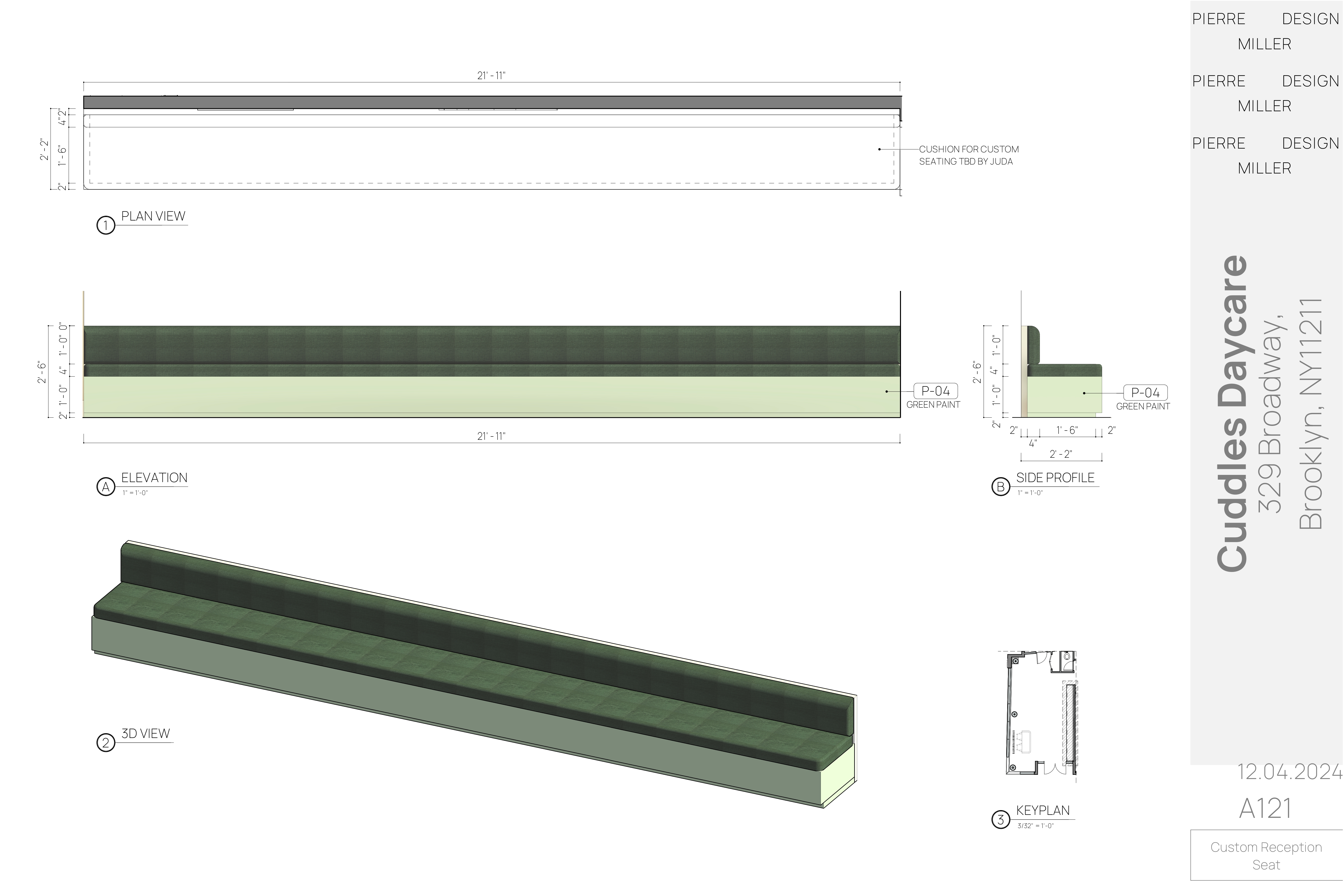Drawing A121 — custom reception bench seat with plan view, elevation, side profile, 3D view and keyplan, showing the long green upholstered banquette over a painted base