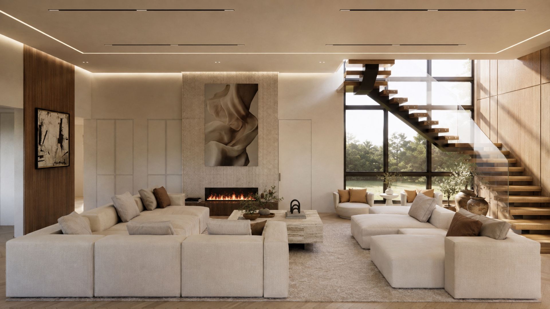 Double-height living room with a fluted stone fireplace wall and sculptural artwork, cantilevered oak staircase with glass balustrade, ivory modular sofas and a travertine coffee table