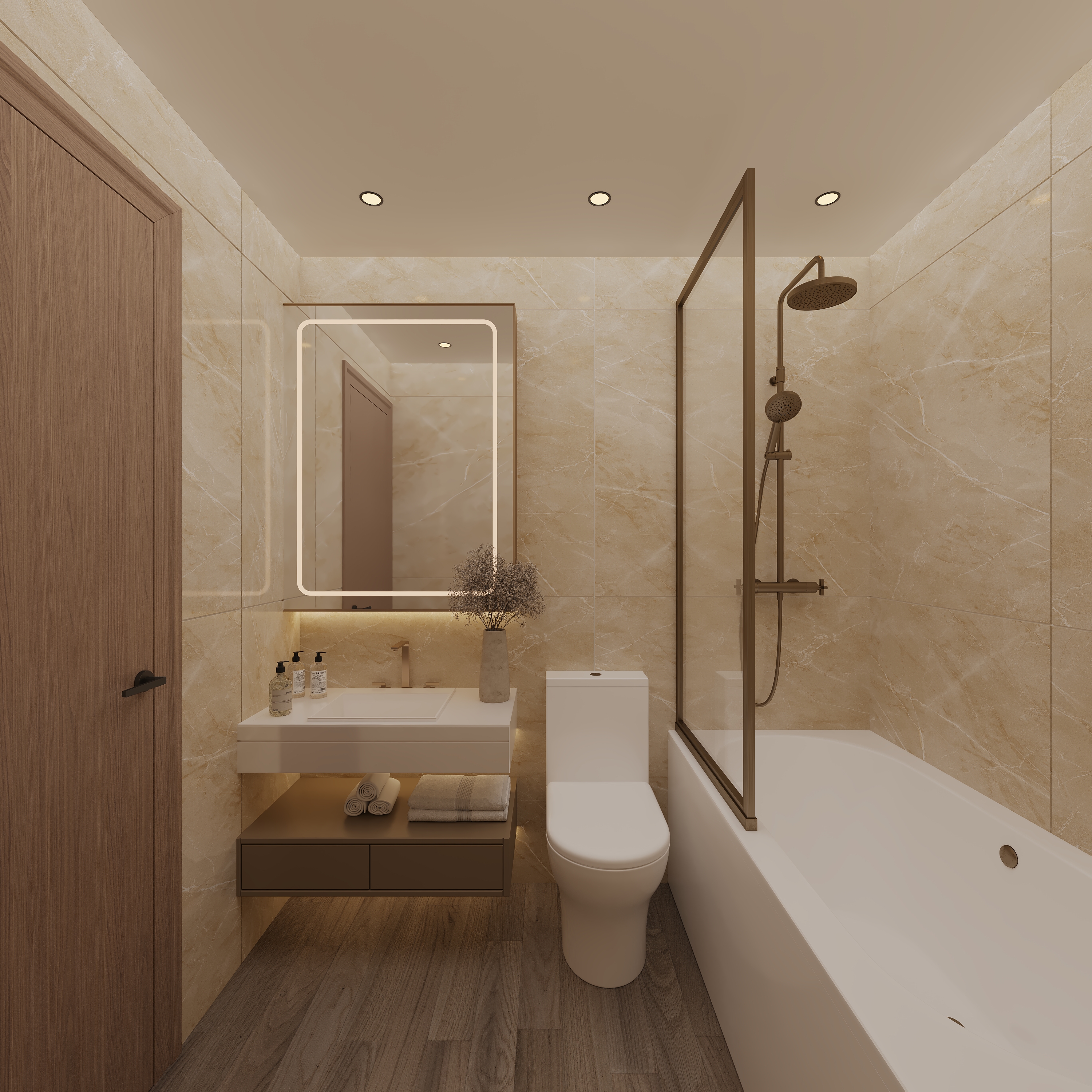 Bathroom in warm beige marble-effect tile with a backlit mirror, white basin over a taupe vanity with an LED-lit towel shelf, brass fittings and a bath with brass-framed screen