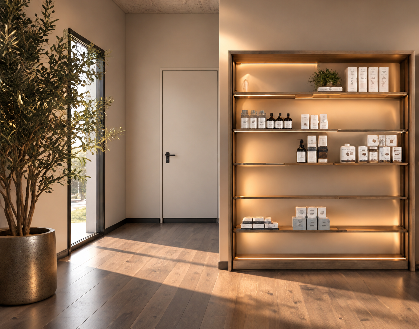 Display corner with a large potted olive tree in a brushed-brass cylindrical planter beside a black-framed glass window, a tall internally LED-lit light-wood shelving unit of amber and clear glass bottles and white product boxes, a white door with a matte black handle and warm sunlight casting long shadows across the wooden floor