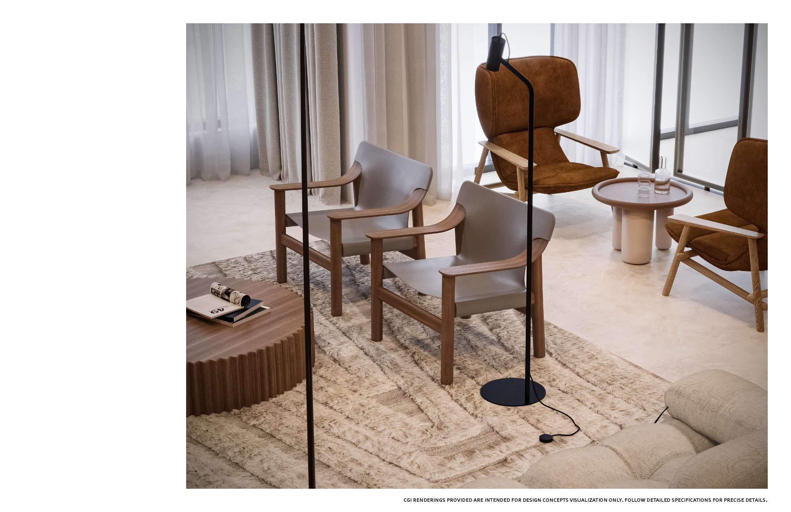 Close view of the lounge grouping — grey leather and walnut armchairs and tan suede chairs around a round stone side table and fluted timber drum table on a deep textured rug