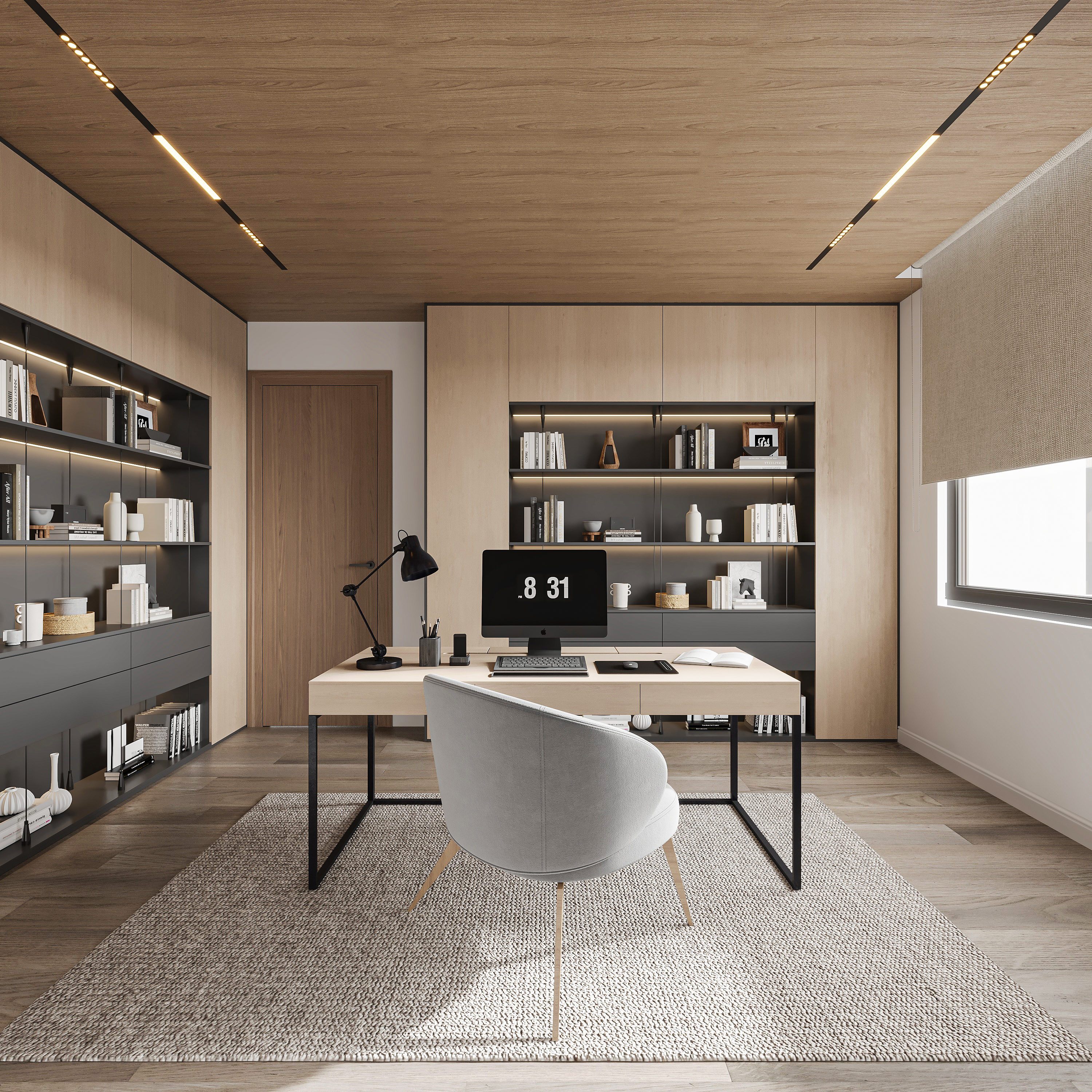 Home office under a timber-lined ceiling with slim linear lighting, pale oak joinery, LED-lit charcoal shelving of books and objects, a light oak desk on a black frame and a grey upholstered chair