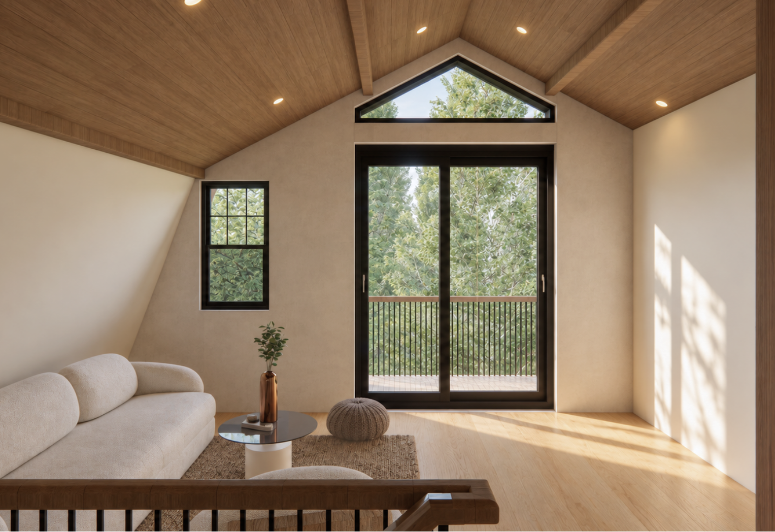 Vaulted A-frame living area with a full-height black-framed sliding balcony door and a triangular glazed gable above, a cream bouclé sofa, round dark-glass coffee table with a bronze vase, knit ottoman and a black-balustered loft edge in warm afternoon light