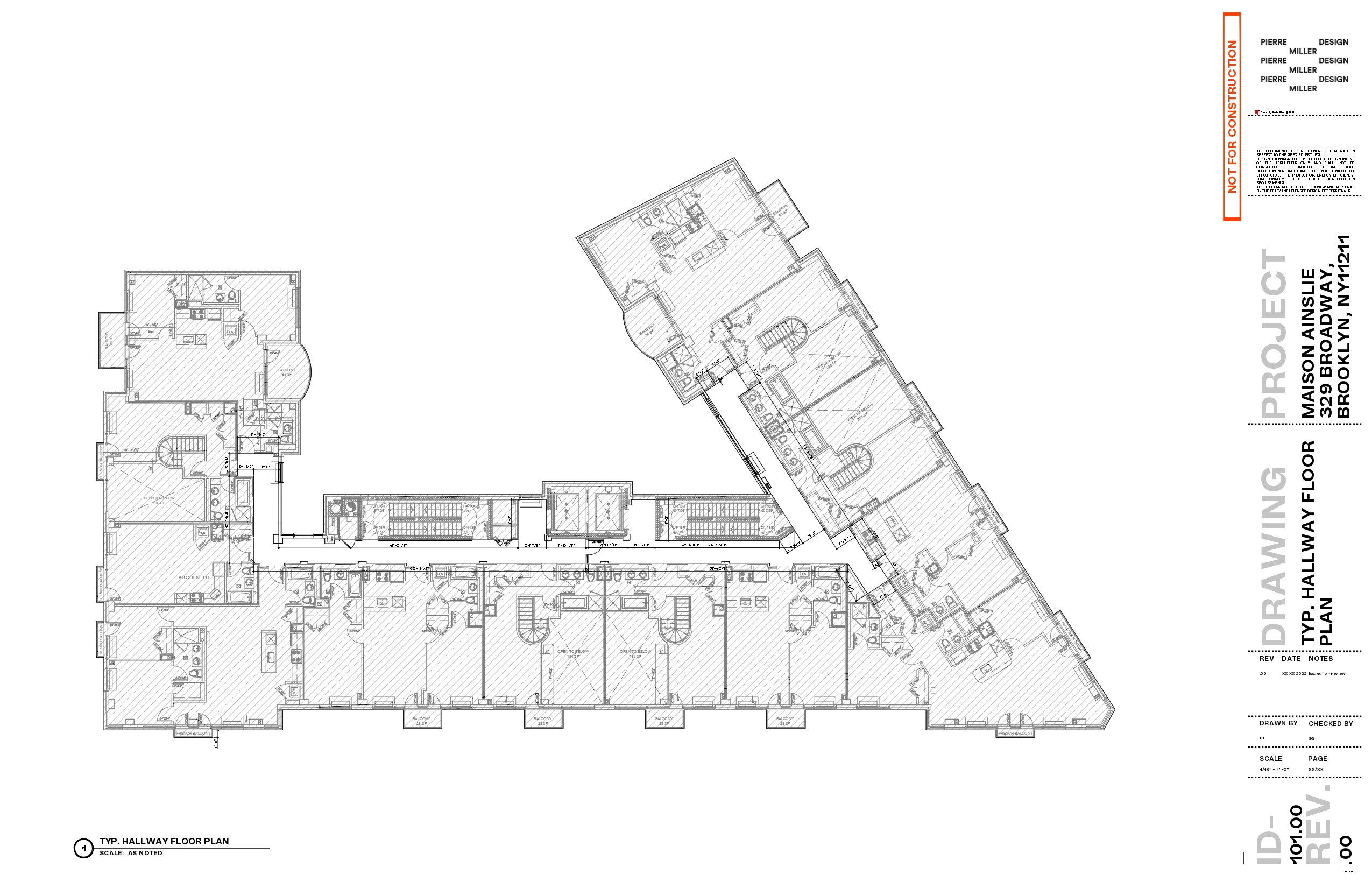 Typical hallway floor plan for Maison Ainslie showing the L-shaped corridor, elevator and stair cores and the surrounding apartment layouts