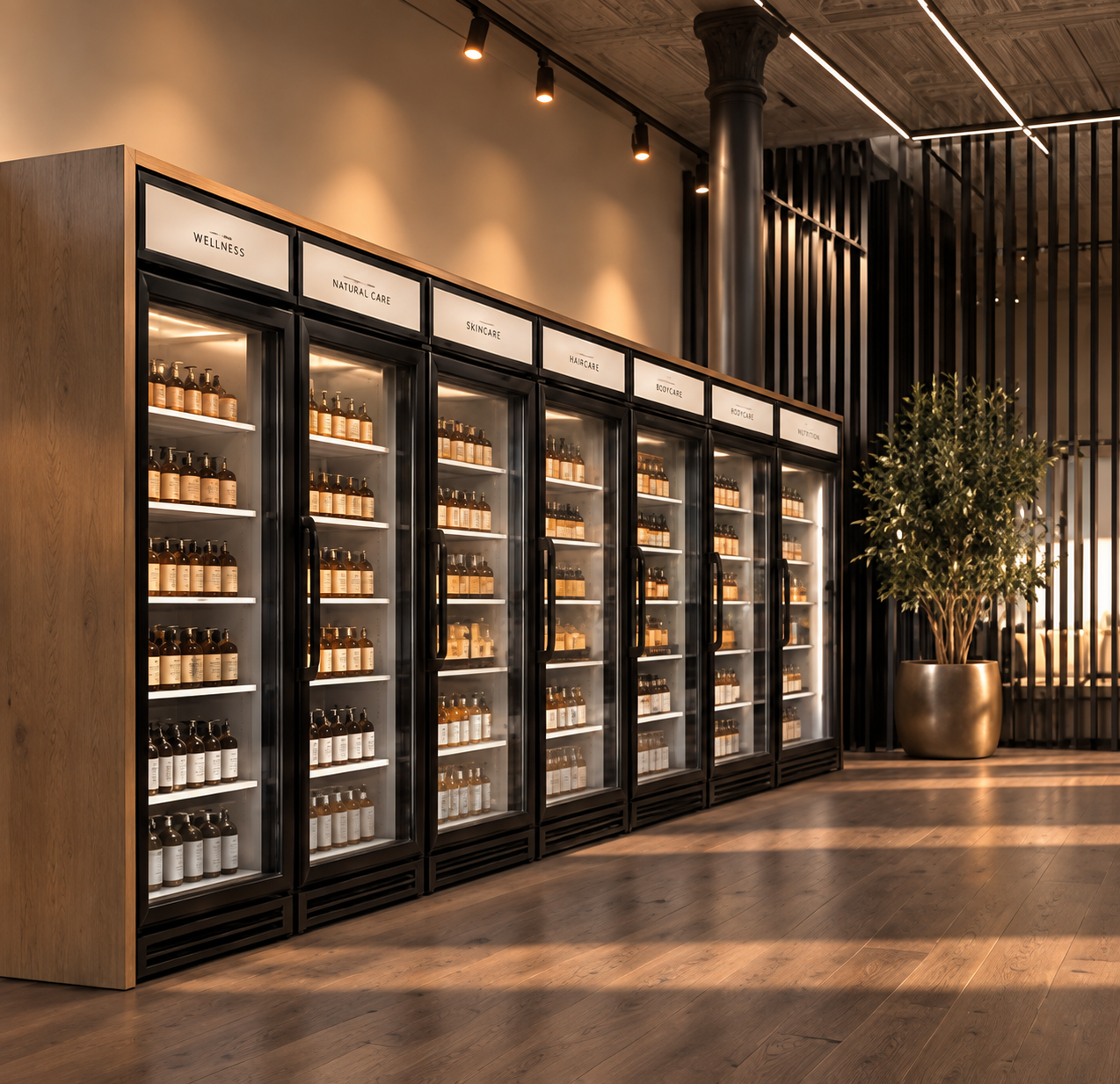 Wall of seven glass-fronted refrigerated cabinets in a light-oak frame with black metal handles, labelled WELLNESS, NATURAL CARE, SKINCARE, HAIRCARE, BODYCARE and NUTRITION, internally lit with amber apothecary bottles, a dark column, a large potted plant and black metal slat screening on a pressed-tin ceiling