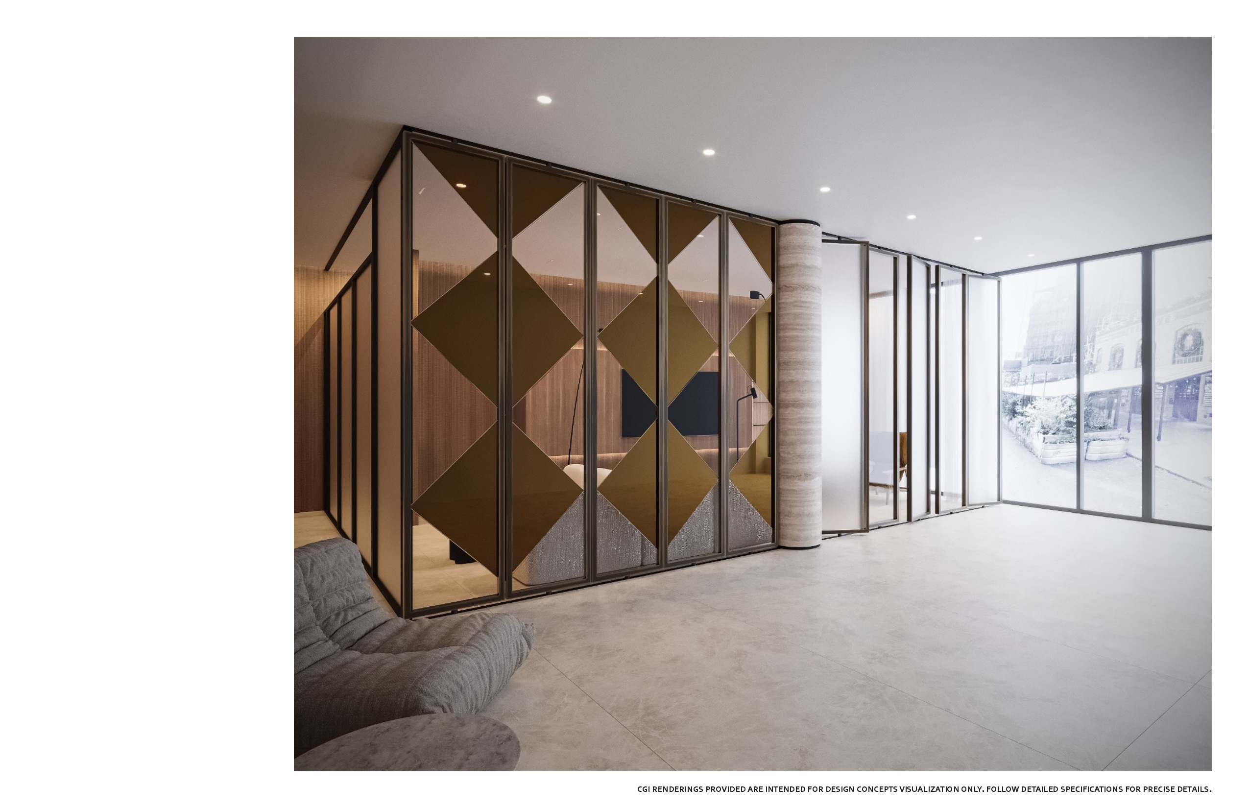 Lobby looking out to the street — bronze mirrored diamond panels enclosing the lounge, a travertine column, frosted glass leaves and black-framed glazing onto the sidewalk beyond