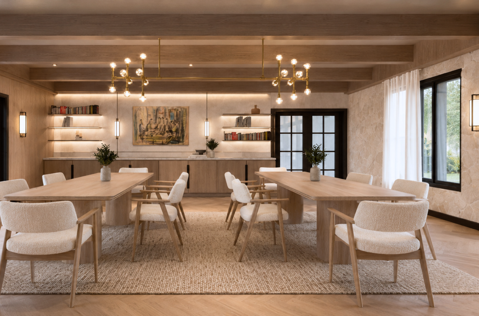 Dining hall with two long slab-based oak tables and cream bouclé chairs, a back-ledge credenza with two LED-lit book alcoves and a framed abstract artwork, twin brass multi-globe chandeliers, slim vertical wall sconces and sheer-curtained glazing over a woven rug on herringbone oak