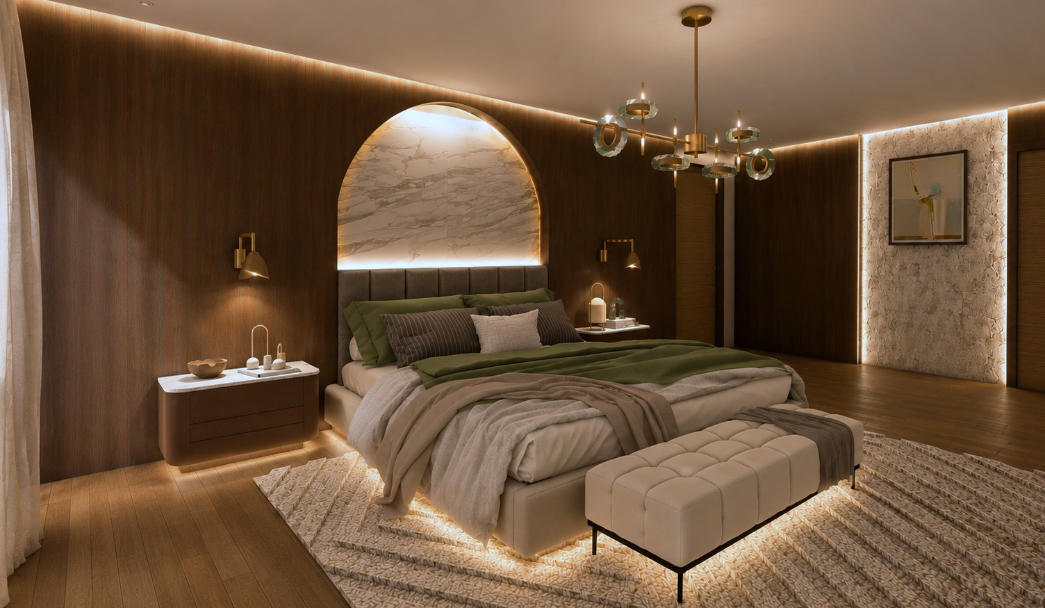 Primary bedroom lined in walnut panelling with a backlit arched marble niche above a channel-tufted headboard, olive and linen bedding, brass reading lights, a tufted bench and a glass-disc chandelier