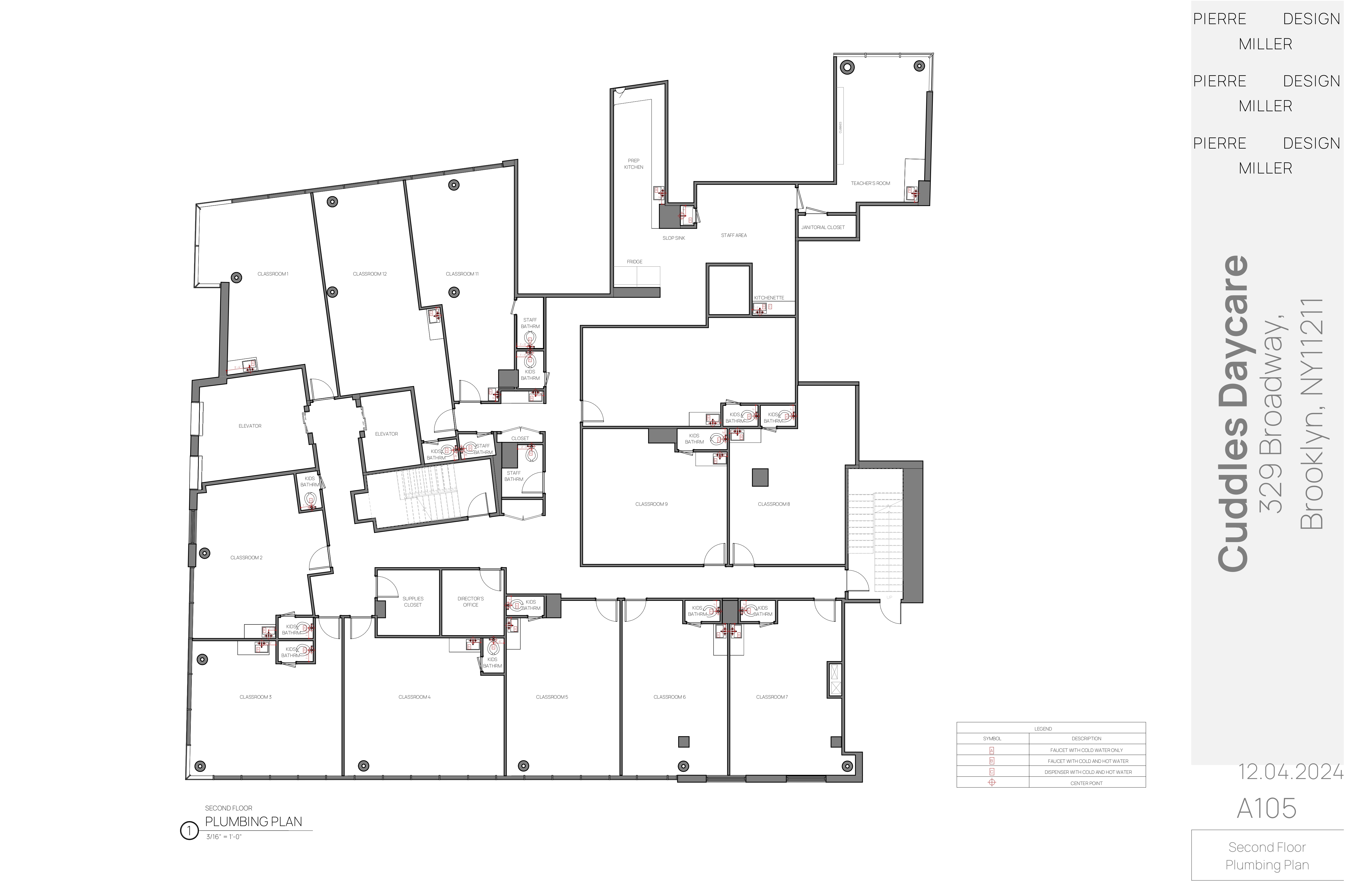 Drawing A105 — second floor plumbing plan marking faucets, kids' bathrooms, staff bathrooms and prep kitchen fittings with a symbol legend