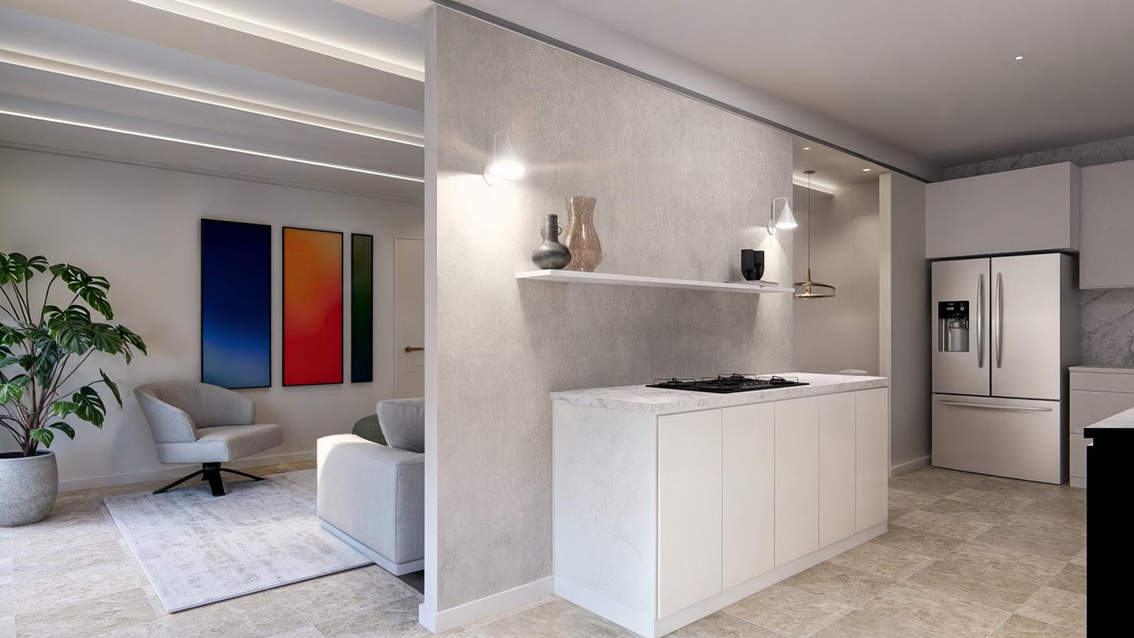 Kitchen island in white with a marble worktop and gas hob against a micro-cement partition wall with a floating shelf and vases, stainless refrigerator alongside and the living room with colour-field triptych beyond