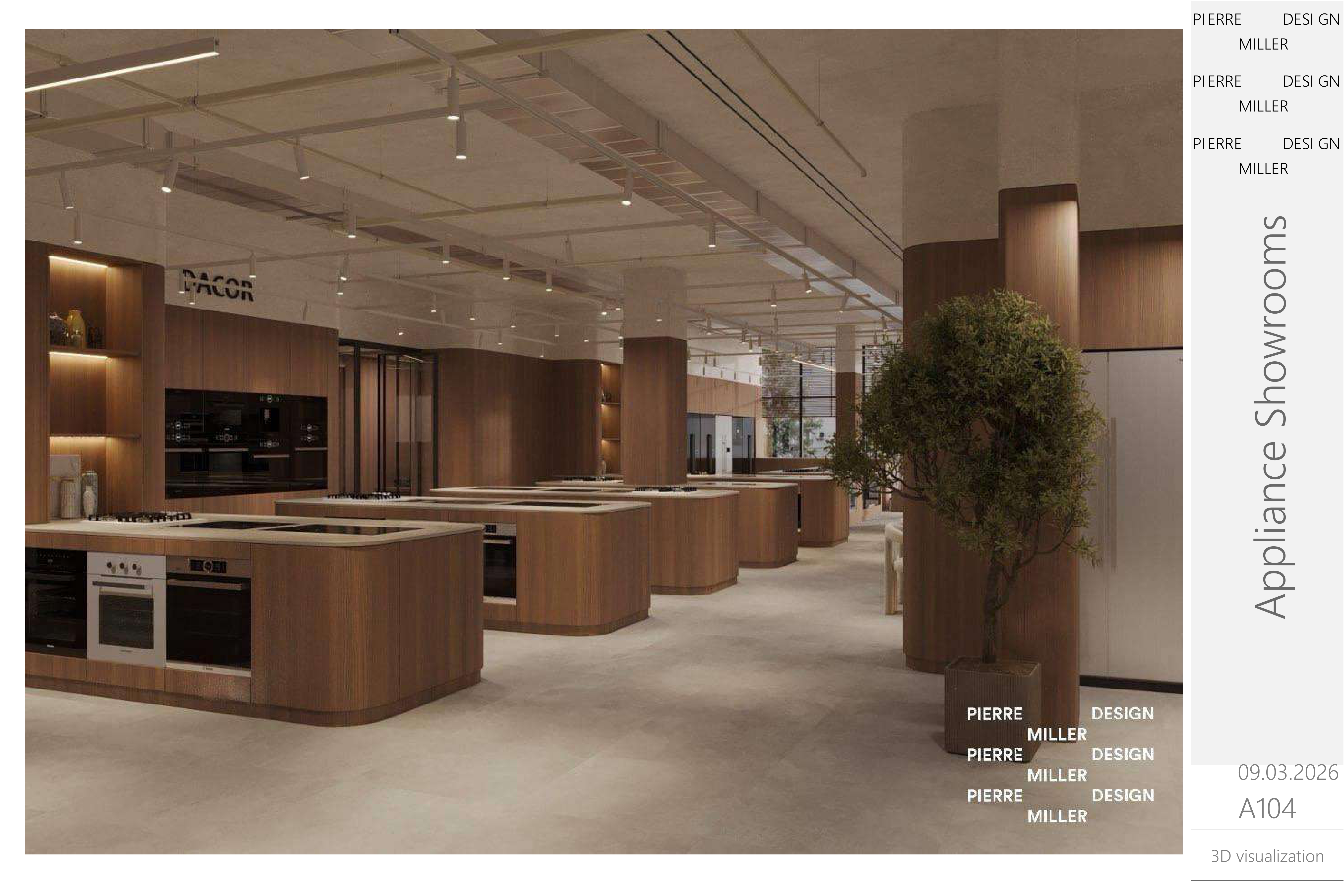 Dacor display floor with a row of curved oak cooking islands, exposed services overhead, oak-clad columns with concealed lighting and a potted olive tree