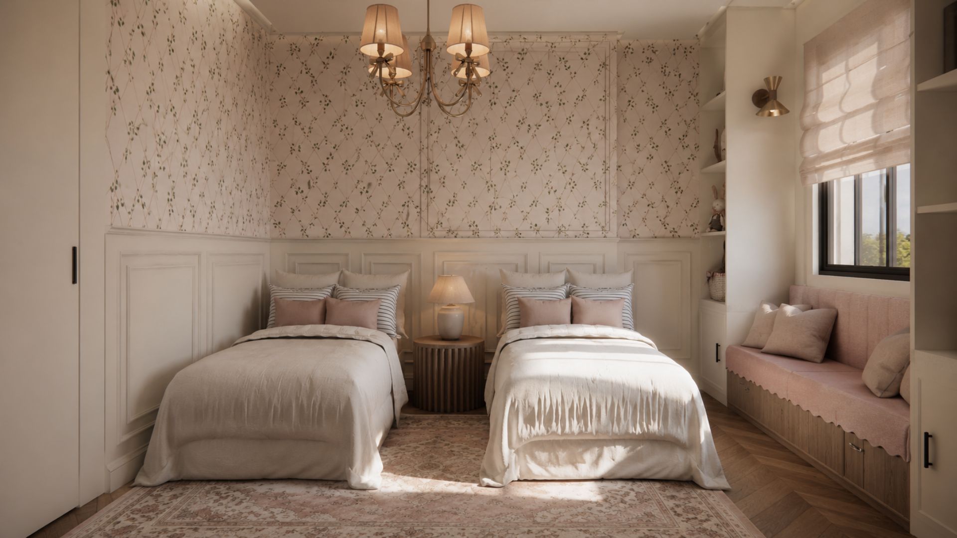 Girls' twin bedroom with delicate floral wallpaper above white panelling, ivory bedding, a fluted nightstand, blush window bench and a fabric-shaded brass chandelier