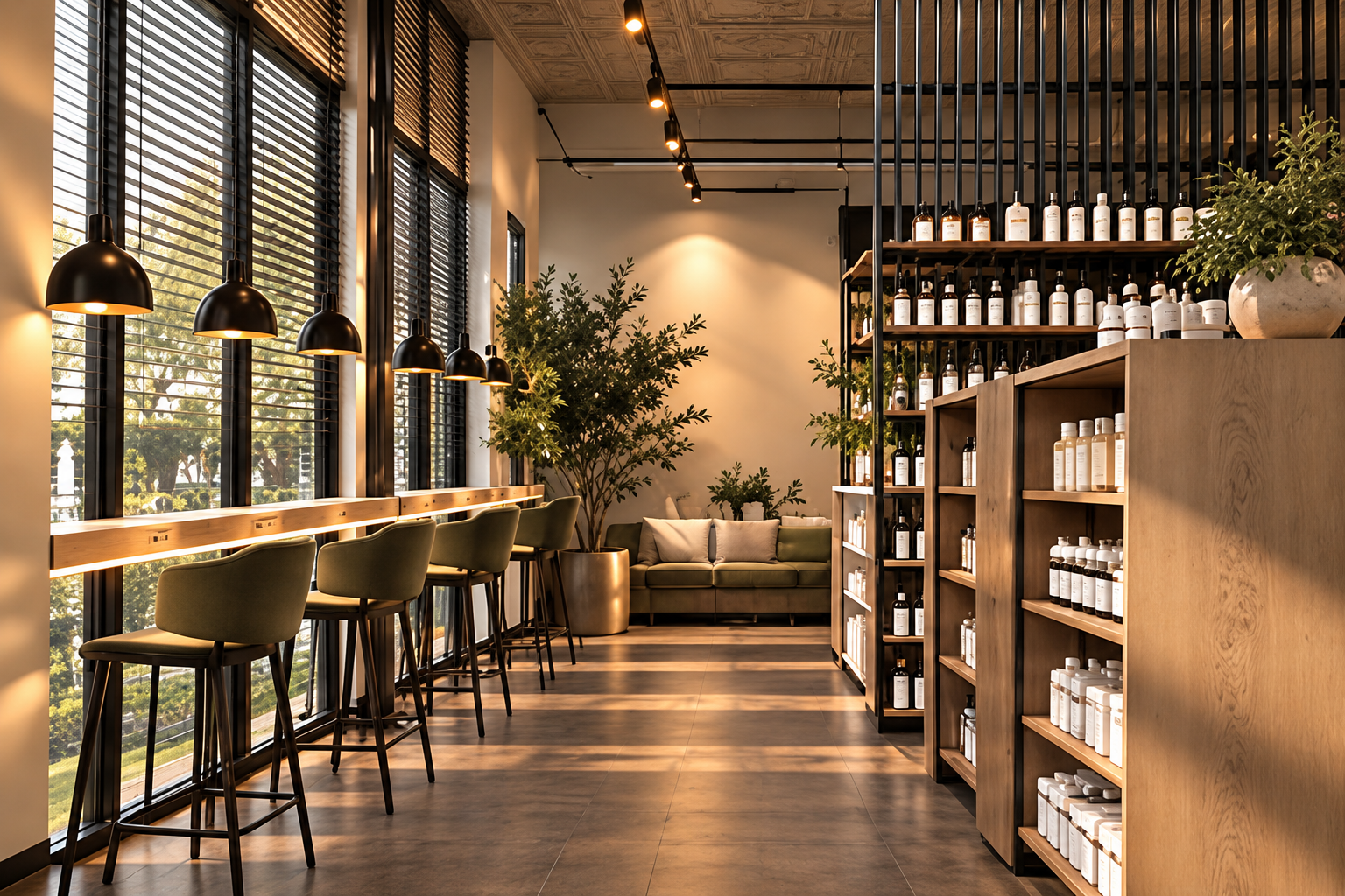 Pharmacy lounge with a light-wood bar counter and four sage-green upholstered stools under black industrial pendants, a deep olive-green sofa with throw pillows, a tall wooden shelving unit of amber glass bottles, a potted olive tree and an ornate pressed-tin ceiling over brown tile flooring