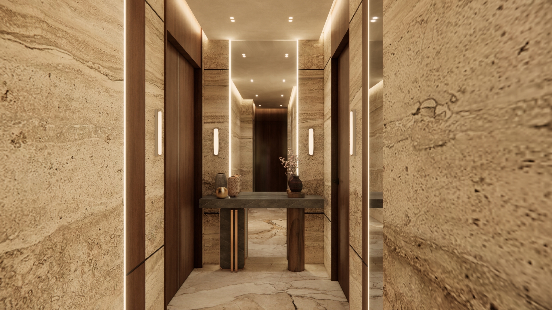 Elevator lobby lined in book-matched travertine and walnut panelling, with slim vertical LED wall lights, a mirrored end wall, dark green stone console with brass detailing and ceramic vessels above a veined marble floor