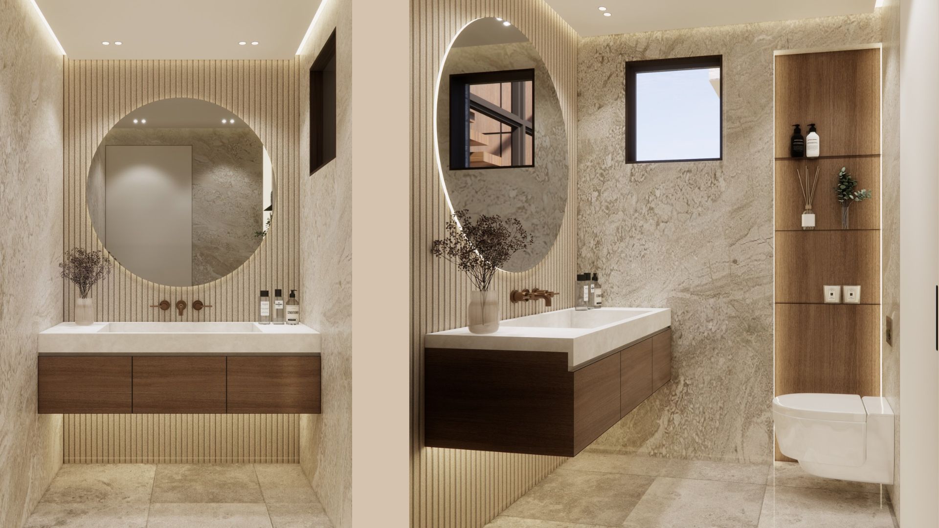 Powder room panel in veined travertine with a reeded stone wall, backlit round mirror, long stone basin on a floating walnut vanity and bronze wall taps
