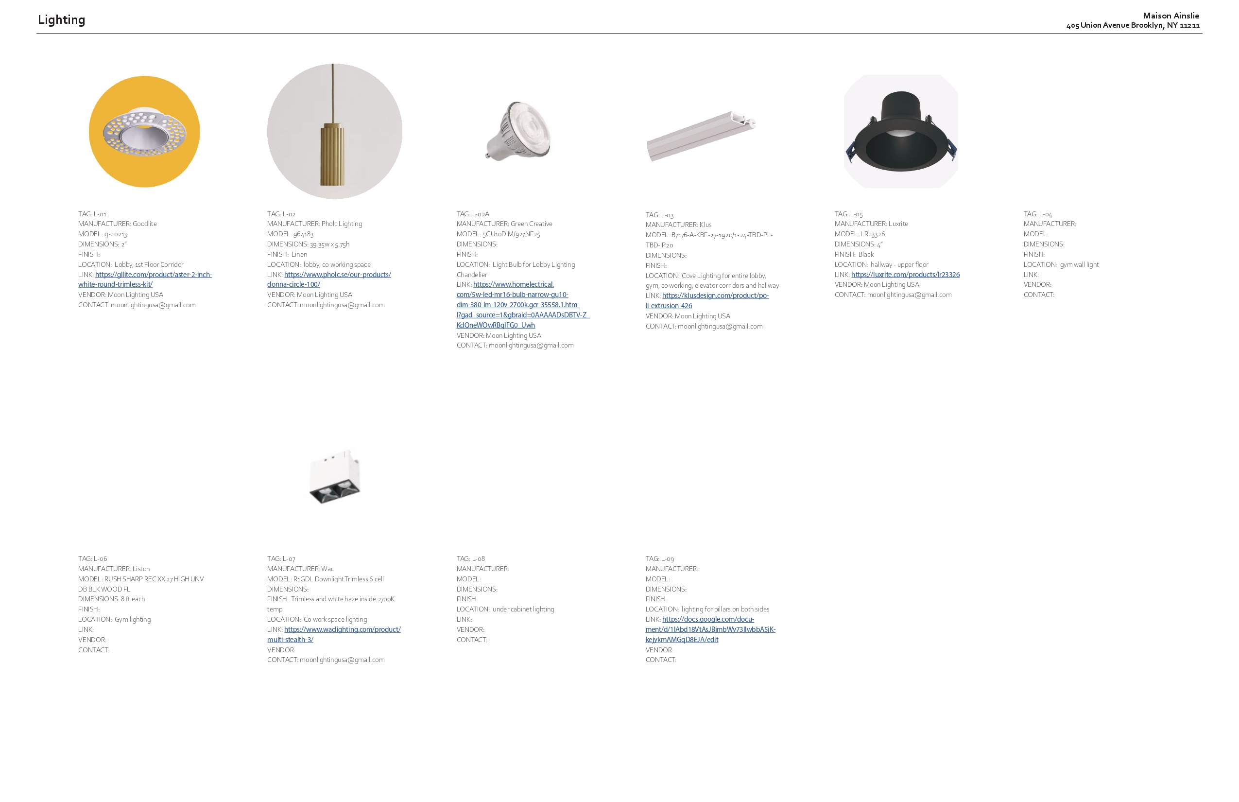 Lighting specification sheet with photographs of downlights, a fluted pendant, lamps, cove extrusion and gym fittings, each tagged with manufacturer, model, location and vendor details
