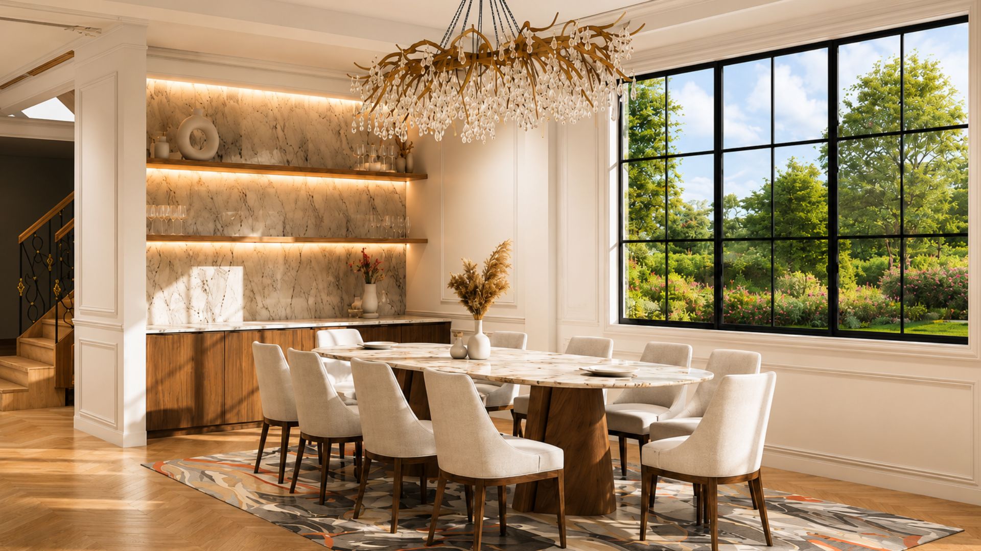 Dining room with a long marble table on sculptural timber bases, ivory upholstered chairs, a brass branch chandelier hung with glass drops, backlit marble shelving with glassware and a tall black-framed window onto the garden