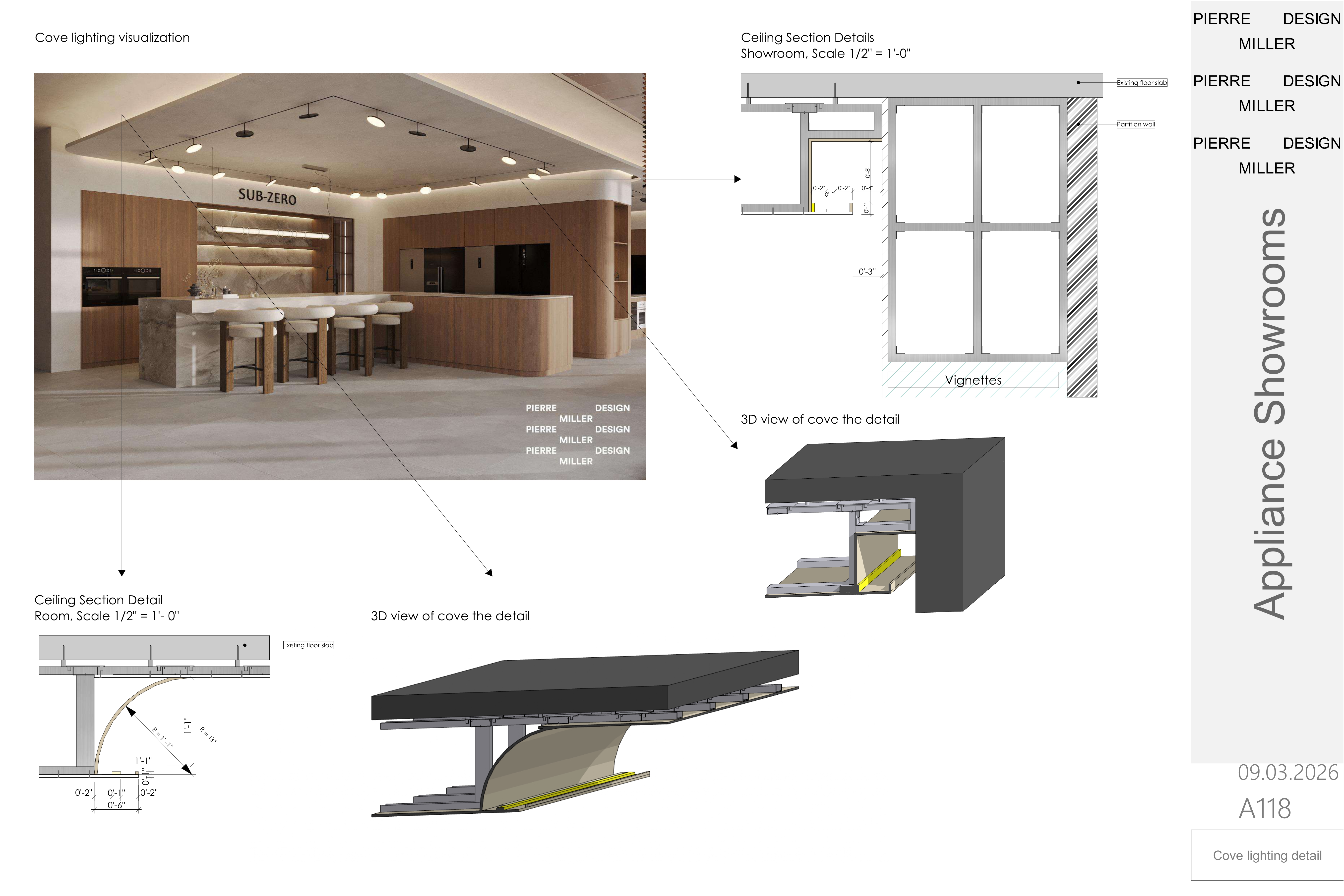 Cove lighting detail sheet with a Sub-Zero display bay visualization, two ceiling section details and two 3D views of the cove construction