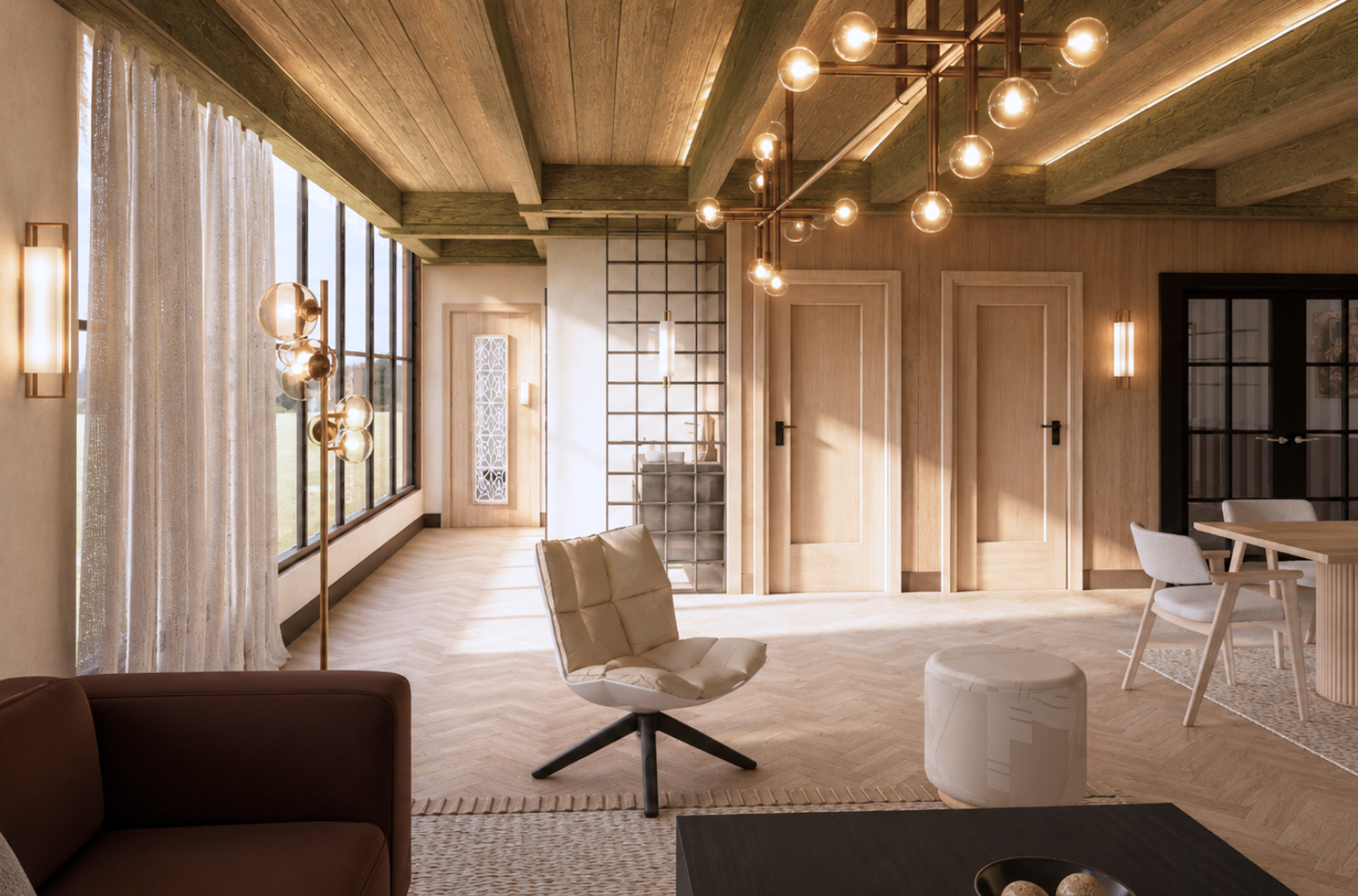 Lounge across herringbone oak flooring with a dark sofa in the foreground, a cream swivel armchair and circular pouf, a fretwork-panelled door, a metal grid screen and paired light oak doors, a brass multi-globe chandelier, vertical glowing wall sconces and warm late-afternoon light under exposed timber beams