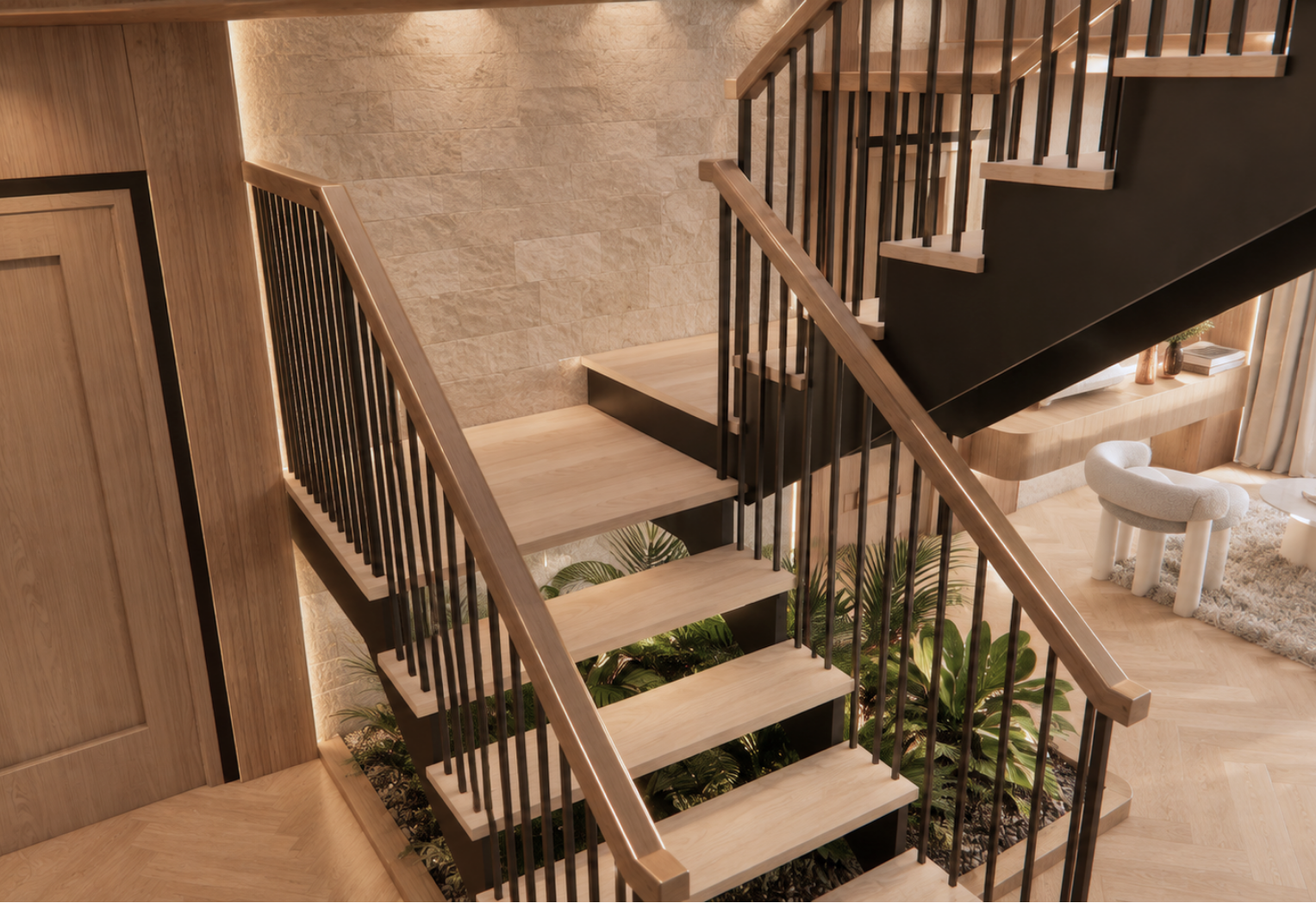 Feature staircase with light wood treads, black metal stringers and balusters, an indoor garden bed with river stones and foliage at the base, a stacked-stone feature wall with hidden LED lighting and a bouclé chair on herringbone oak flooring