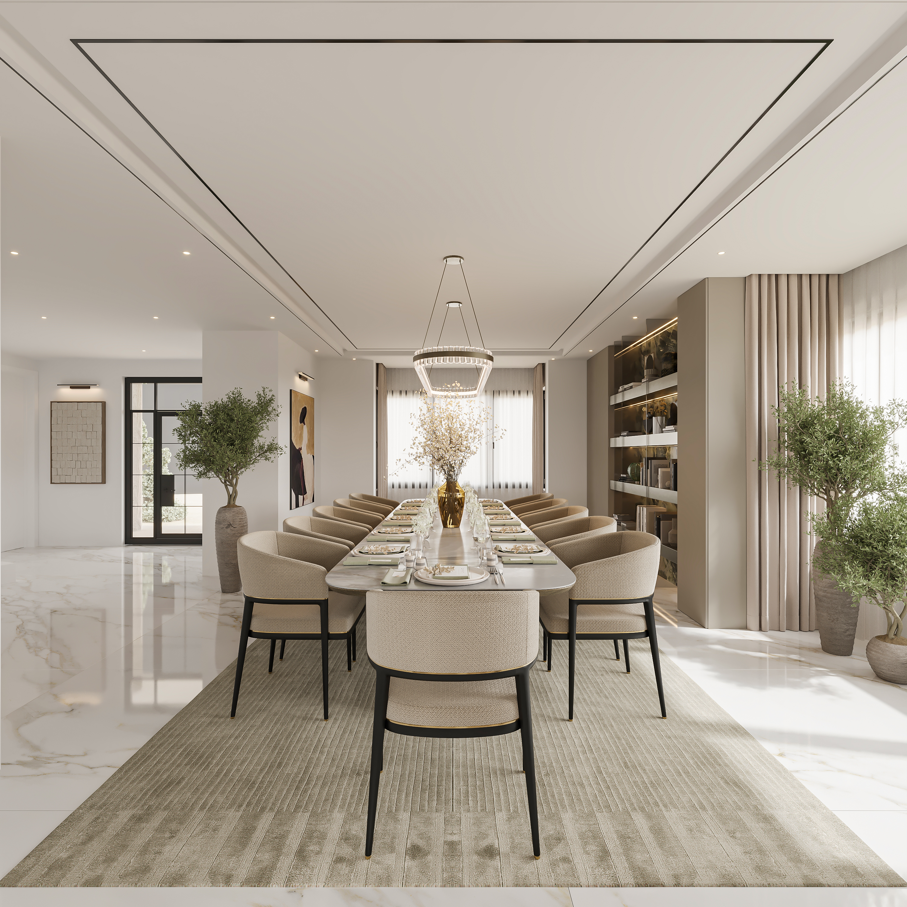 Dining room with a long marble-topped table, ivory bouclé chairs on black frames, a crystal ring chandelier, backlit display joinery and olive trees on a polished marble floor