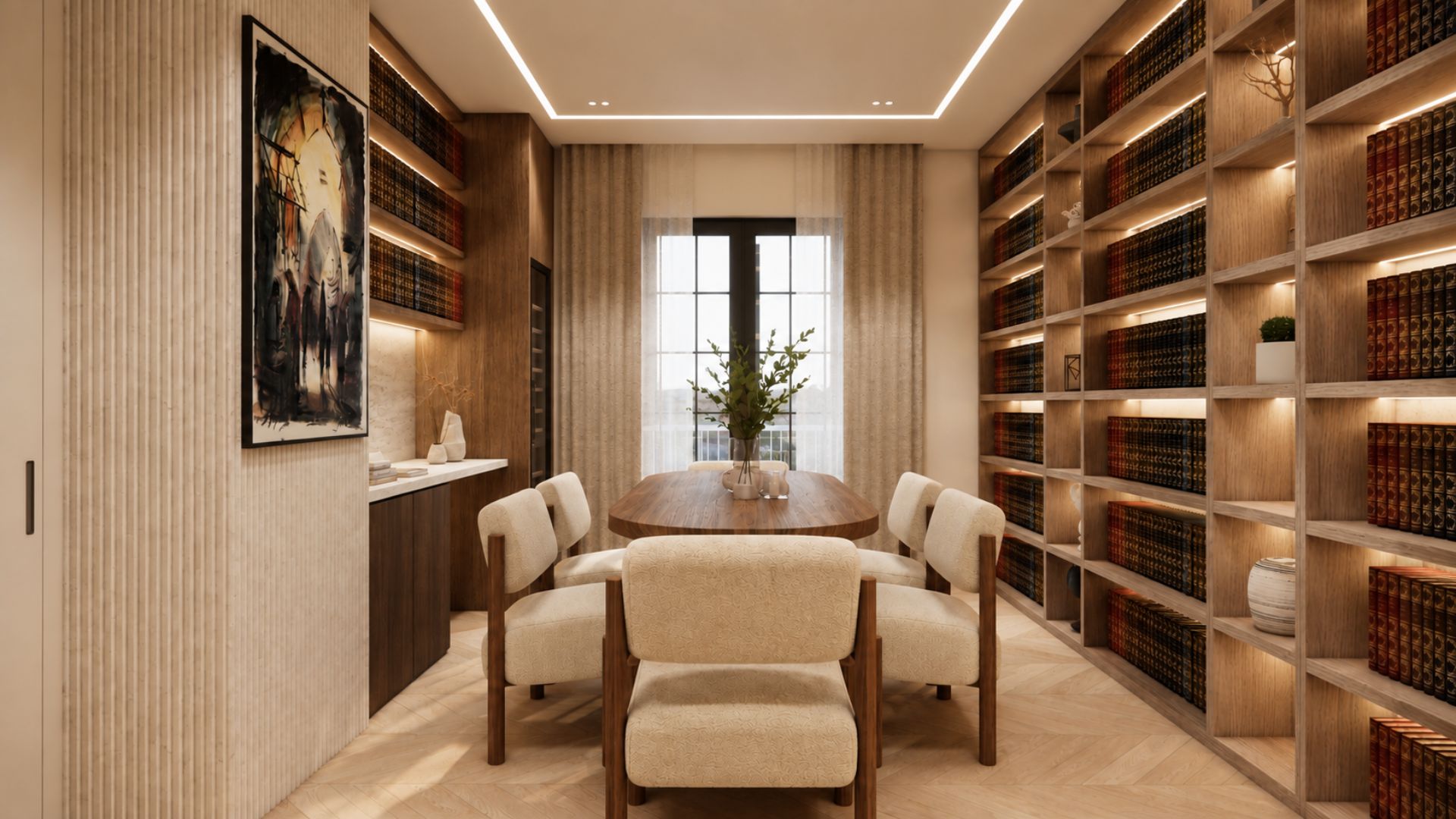 Study looking to a black-framed window with sheer and linen curtains, a walnut oval table with boucle armchairs, backlit oak bookcases either side and a reeded stone feature wall