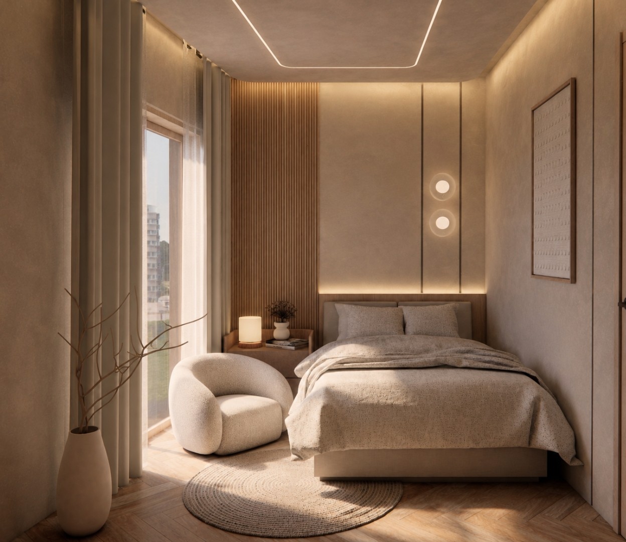 Bedroom in warm afternoon light with a reeded oak panel wall, backlit headboard, paired disc wall lights, ivory bouclé armchair, round jute rug and sheer curtains at full-height glazing