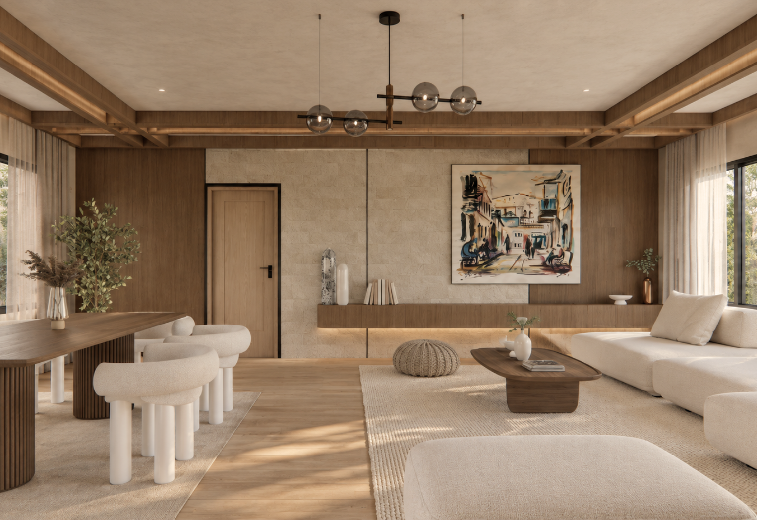 Bright living space with a coffered wood-beam ceiling, stone wall panels, a floating wood console with a large abstract painting, a wooden dining table with cream sculptural chairs and a cream modular sofa with a dark wood coffee table