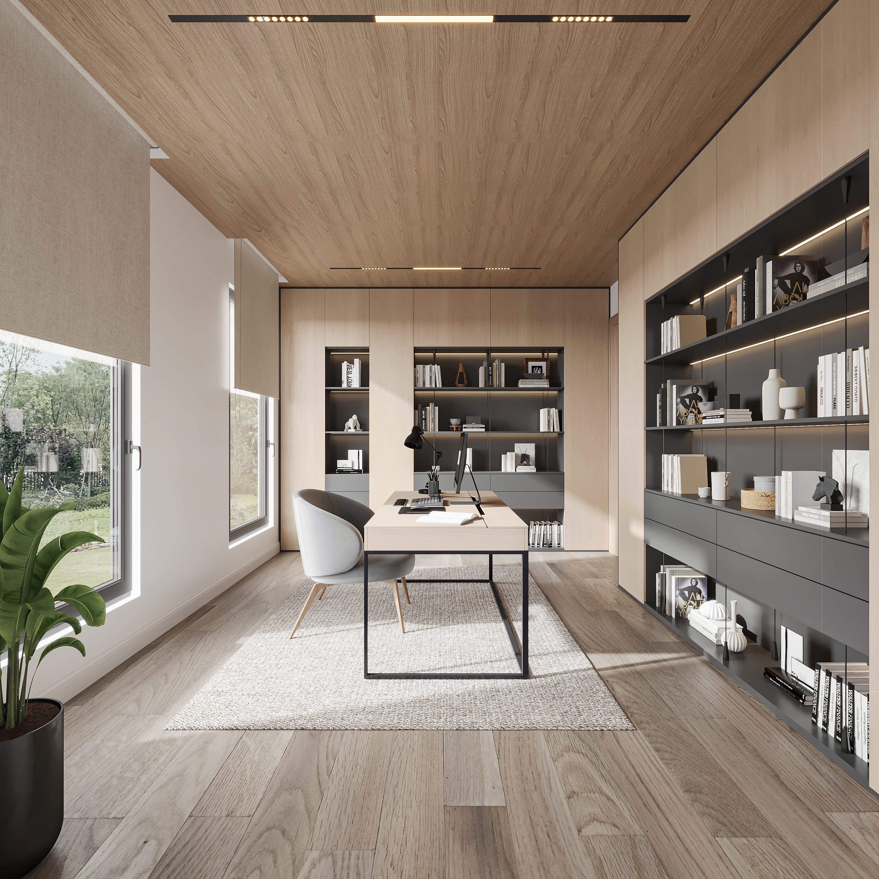 Wide view of the home office with charcoal LED-lit shelving along one wall, oak cabinetry, a slim black-framed desk, grey chair, woven rug and daylight through linen roller blinds