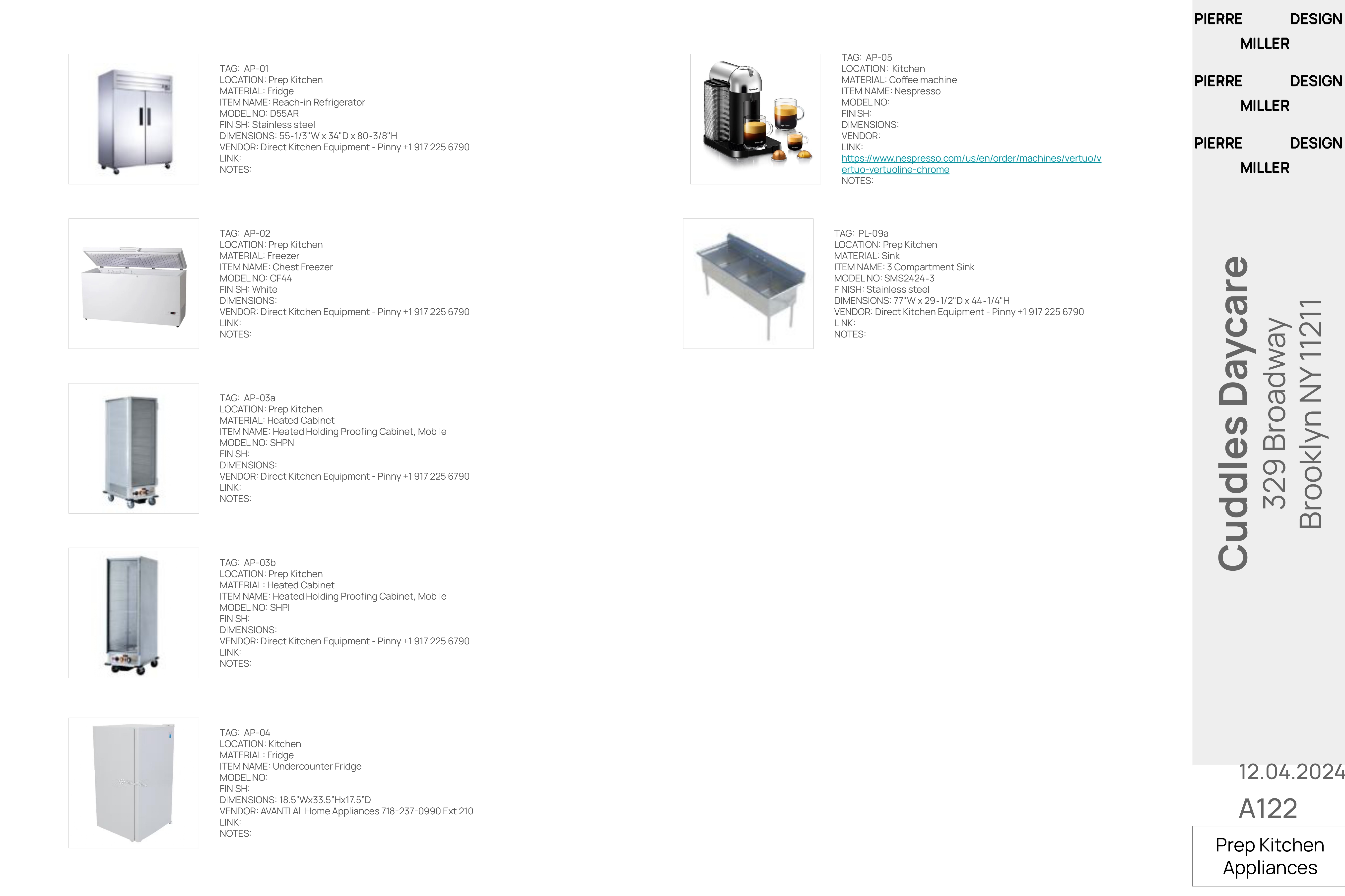 Drawing A122 — prep kitchen appliance schedule with product photographs and specifications for a reach-in refrigerator, chest freezer, heated holding cabinets, undercounter fridge, Nespresso machine and a three-compartment sink