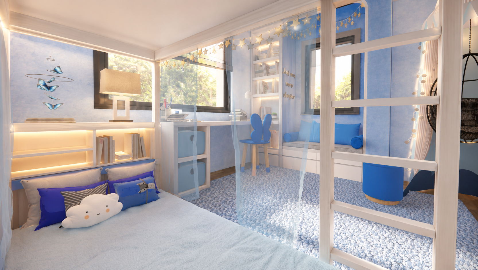 Child's blue bedroom from the bunk bed, with a starry cove-lit ceiling, cloud pendant, LED-lit shelving, butterfly wall art, a desk with blue butterfly chair and a canopied hanging chair