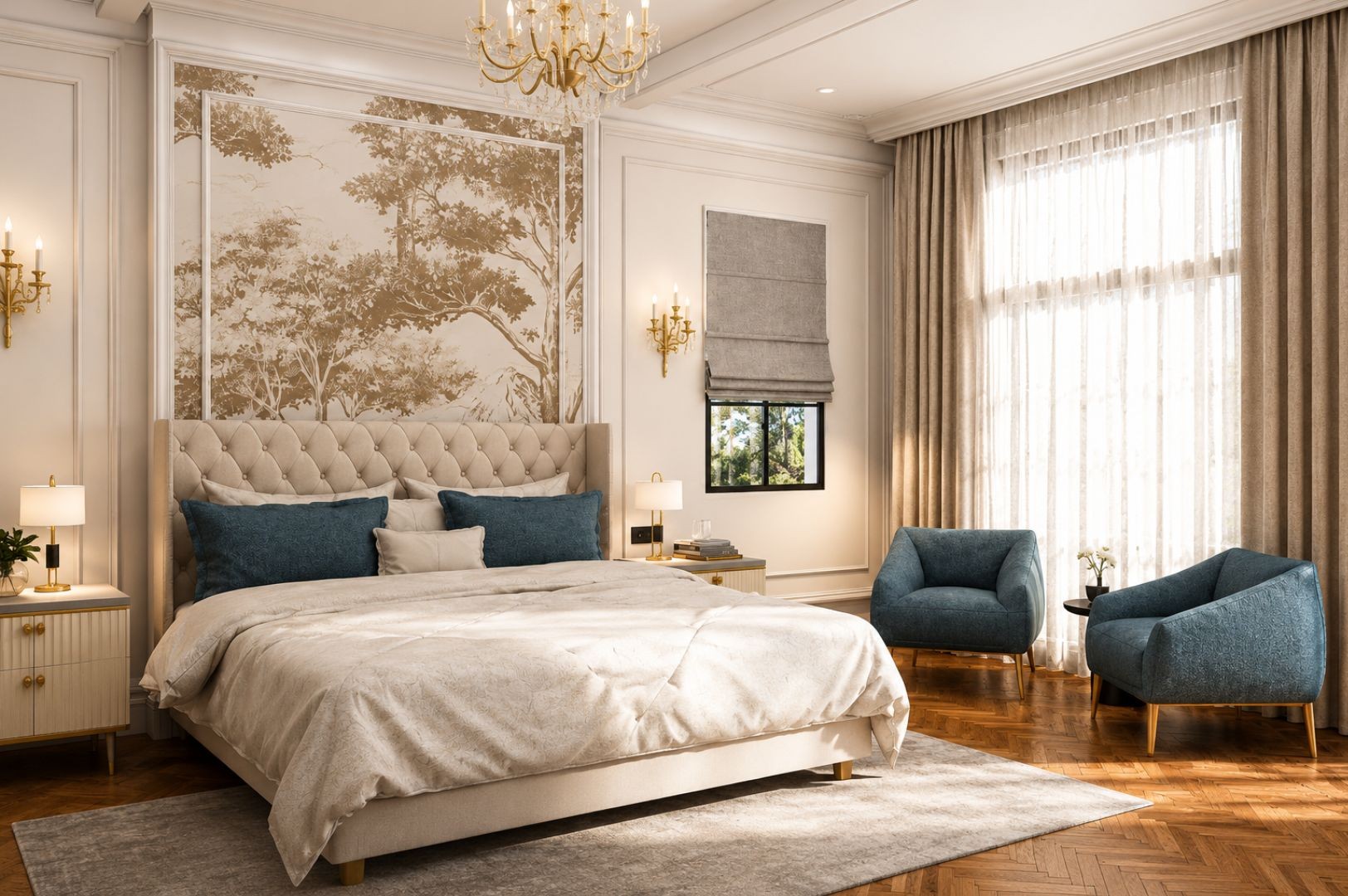 Bedroom corner with sheer floor-length curtains at full-height glazing, a teal armchair, grey roman blind at a small black-framed window, brass candle sconce and the tufted headboard beside the sepia mural